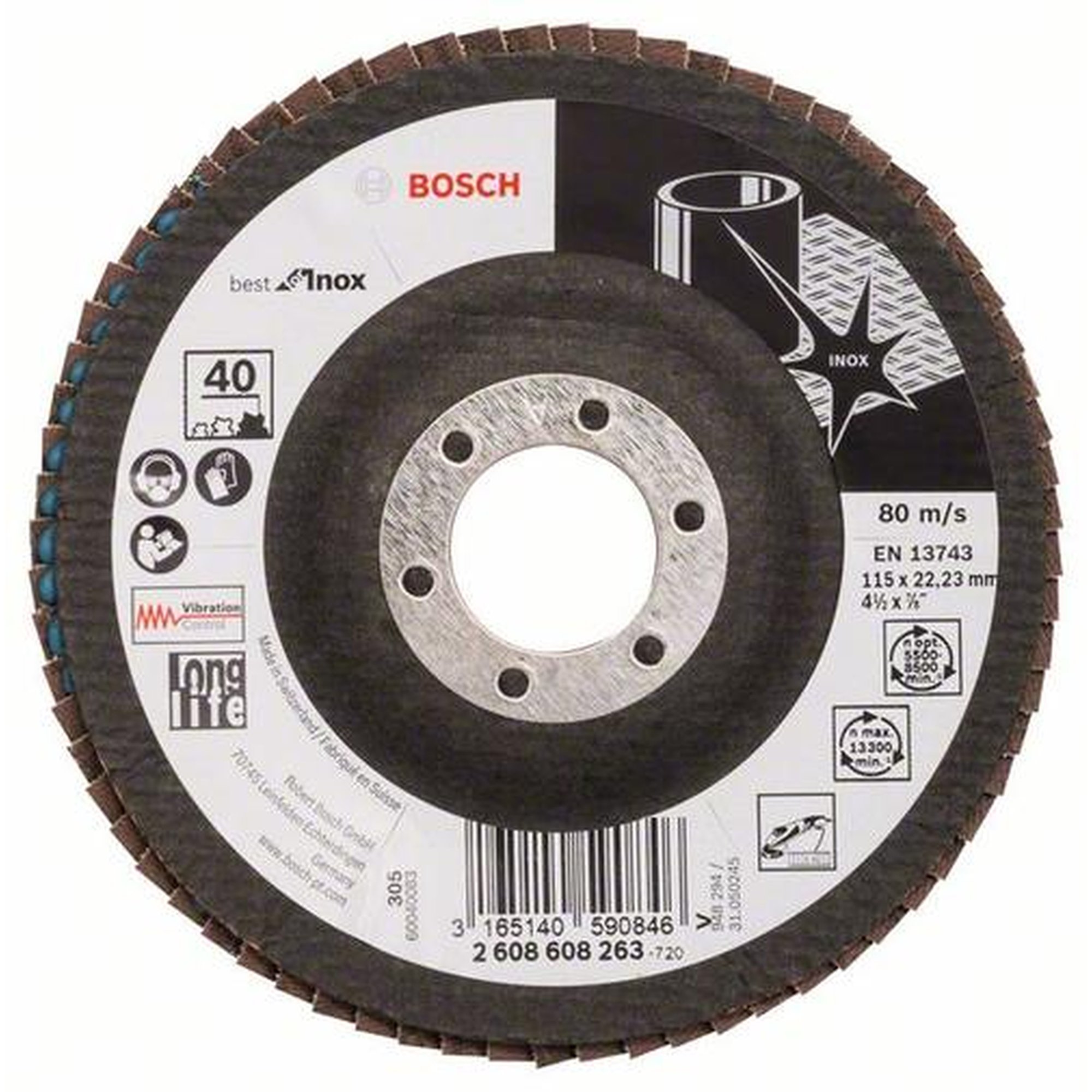10x BOSCH Fächerschleifscheibe X581 Best für Edelstahl, gewinkelt, Ø 115 mm, 40, Glasgewebe