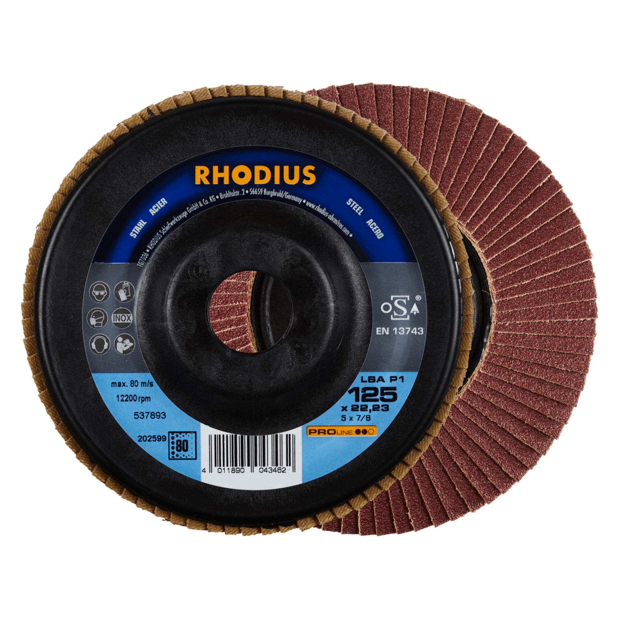 10 x RHODIUS Fächerschleifscheibe Fächerscheibe LSA P1 Ø 125 mm Korn 80