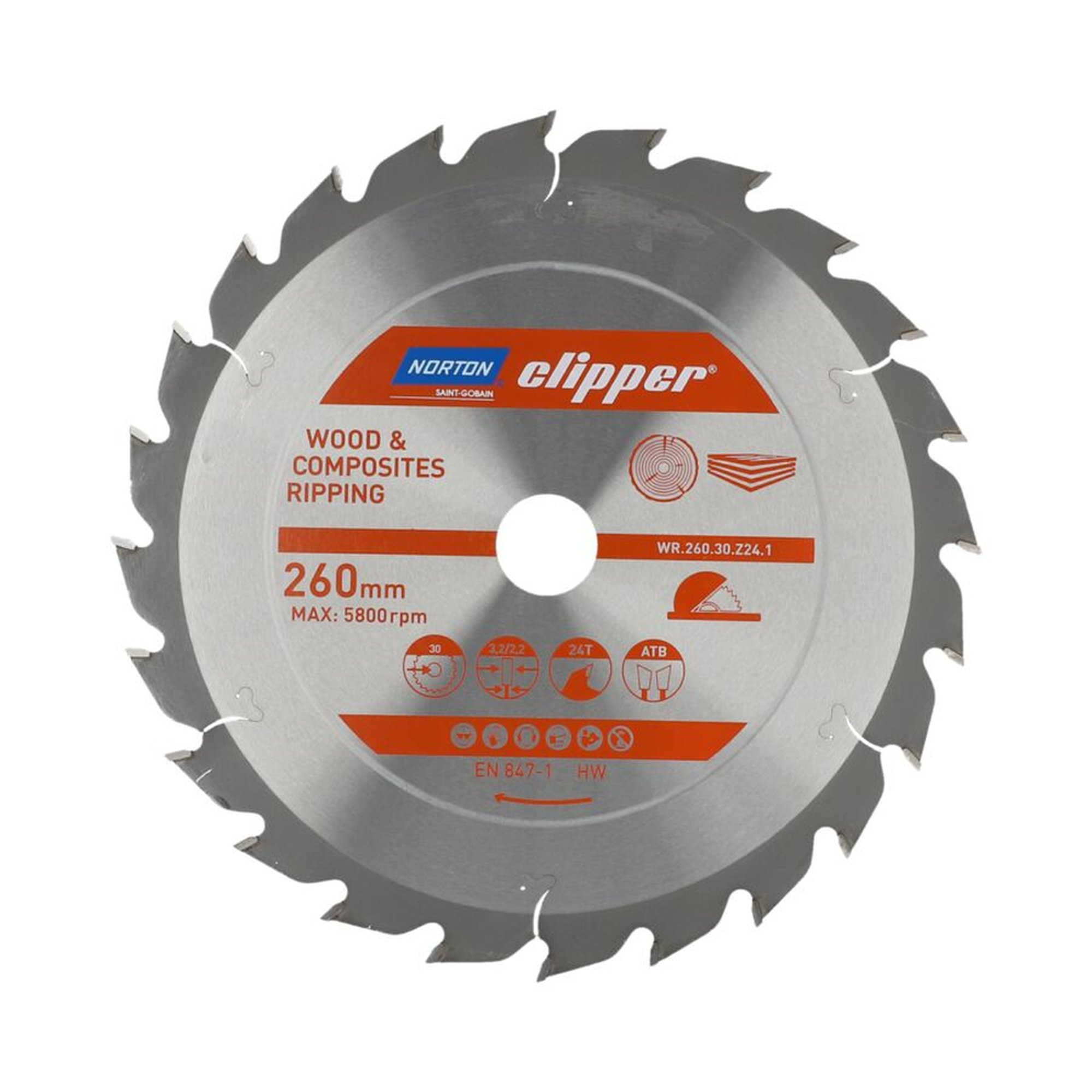 Norton Clipper TCT-Sägeblatt 260x3.2mm für Holz, 30mm Bohrung, Ripping