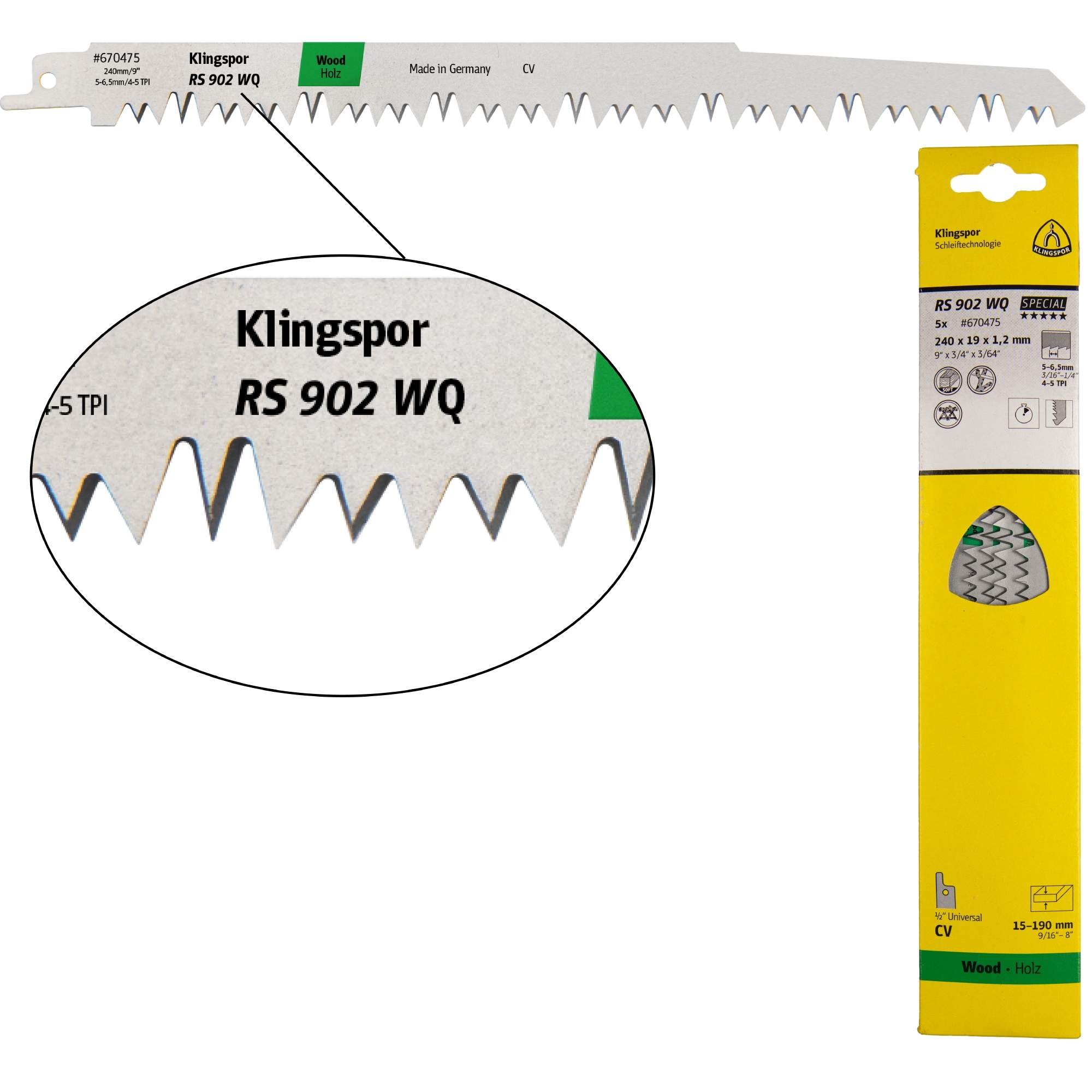 5 x Klingspor RS 902 WQ Säbelsägeblätter 240 x 19 x 1,2 mm Nutzlänge 210Crom-Vanadium kreuzgeschliffen, geschränkt, 5 Zähne pro Zoll