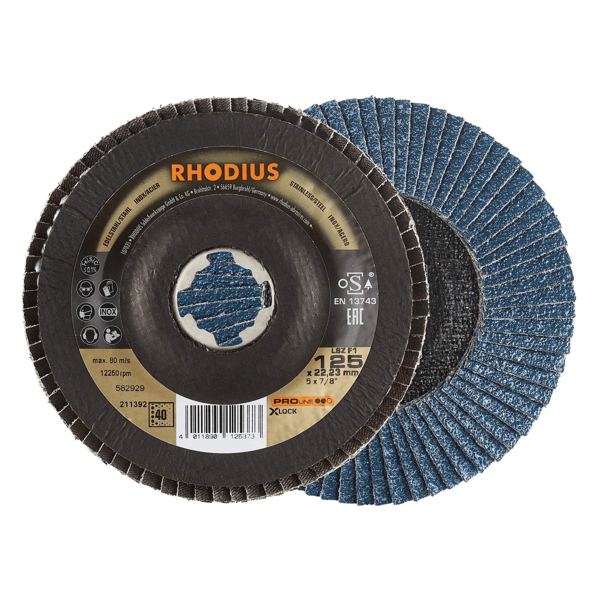 10 x RHODIUS Fächerschleifscheibe Fächerscheibe LSZ F1 X-LOCK Ø 125 mm Korn 40