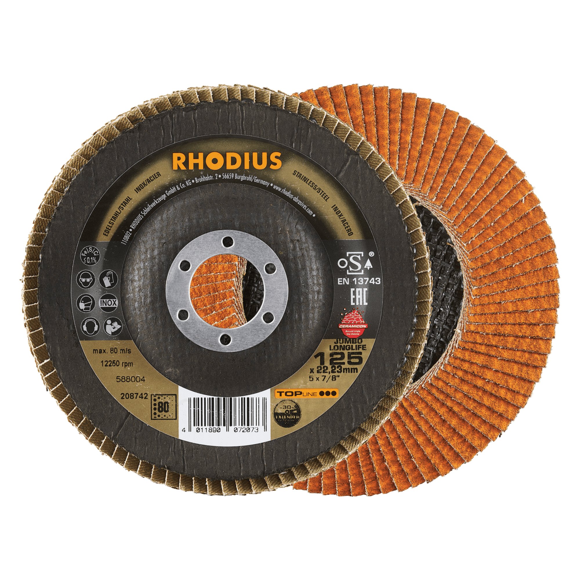 10 x RHODIUS Fächerschleifscheibe Fächerscheibe JUMBO LONGLIFE Ø 125 mm Korn 80