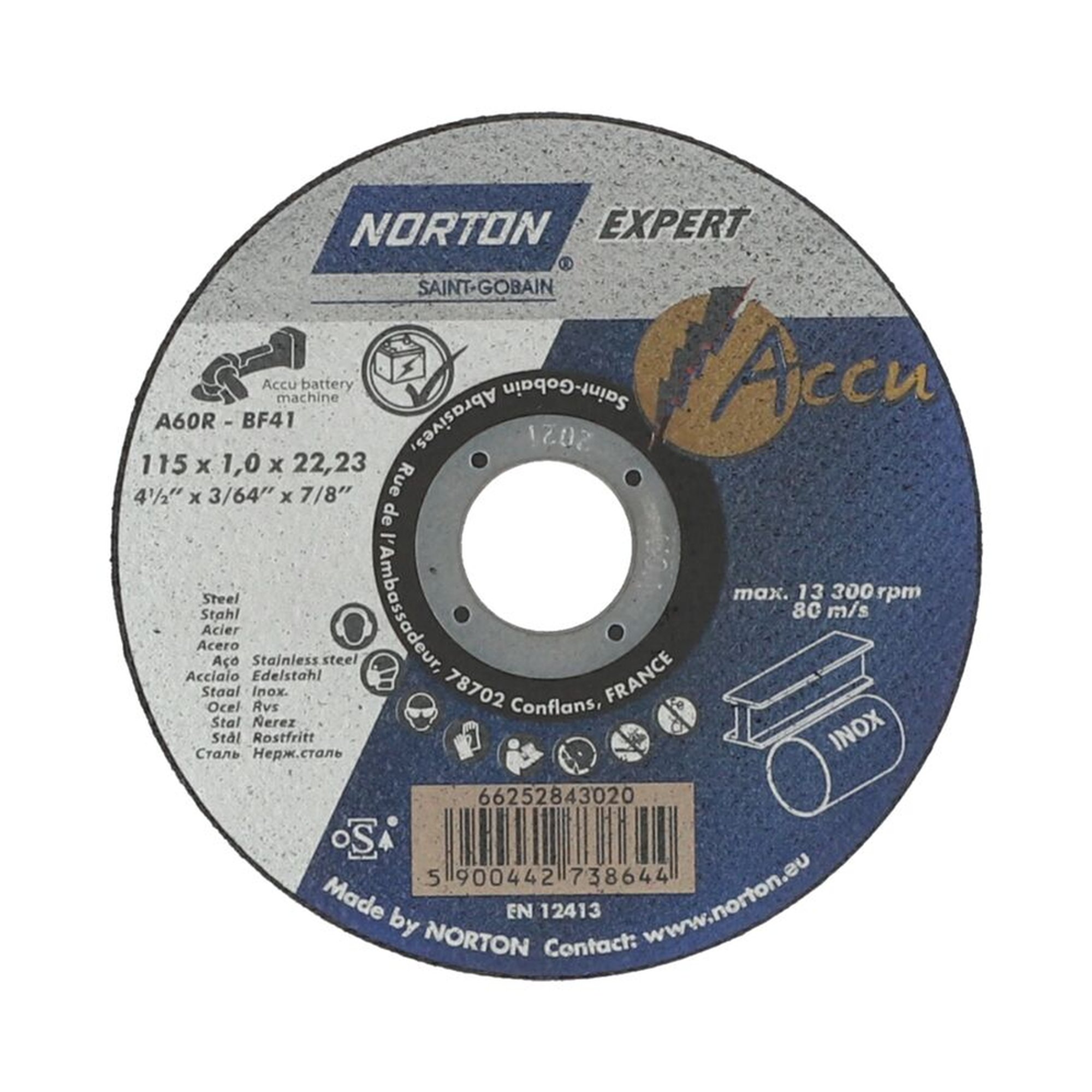 100 x Norton Ultradünne Trennscheiben für Metall/Inox 115x1.2x22.23mm, 41 ACCU