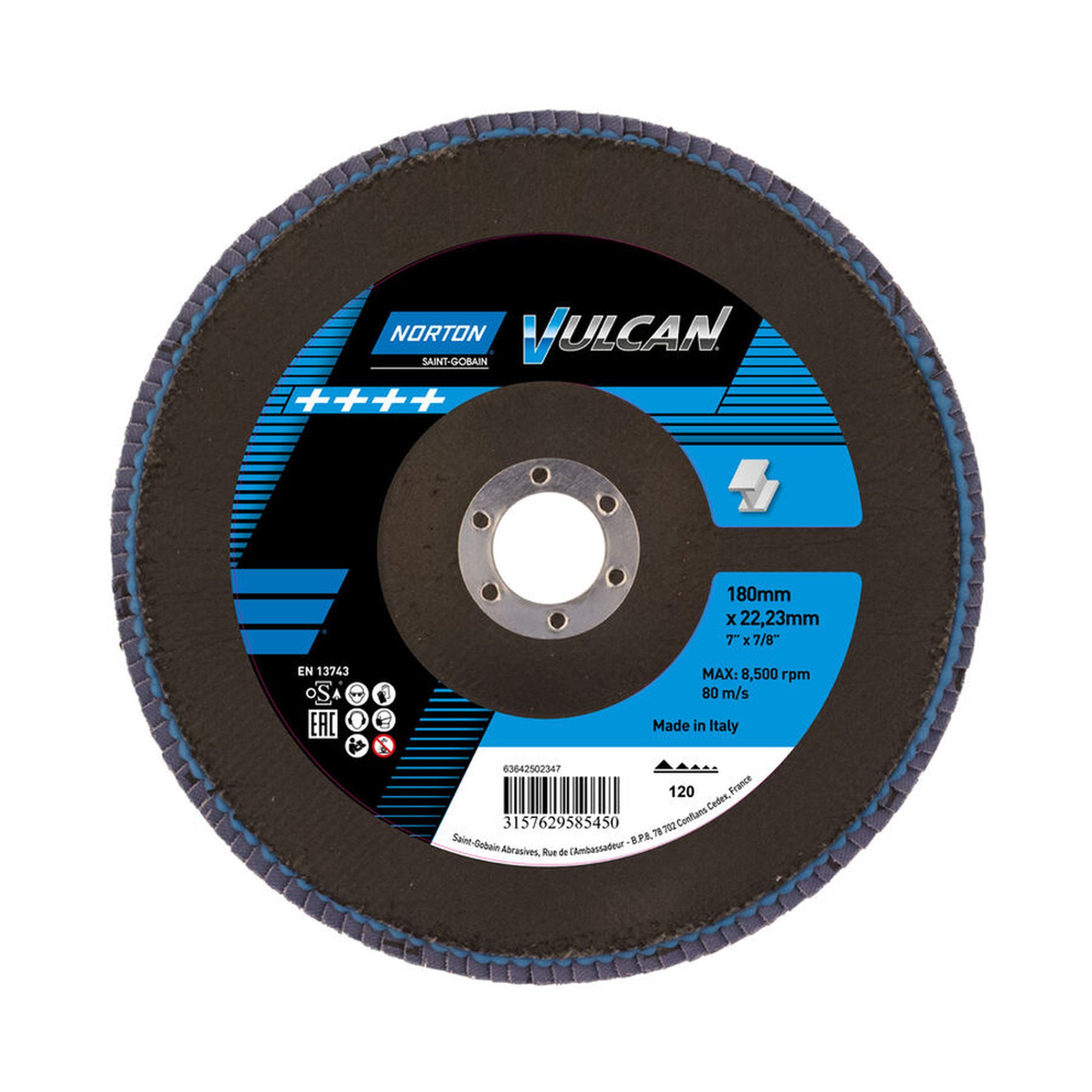 360 x Norton Fächerschleifscheiben 180x22mm K120 VULCAN für effizientes Schleifen