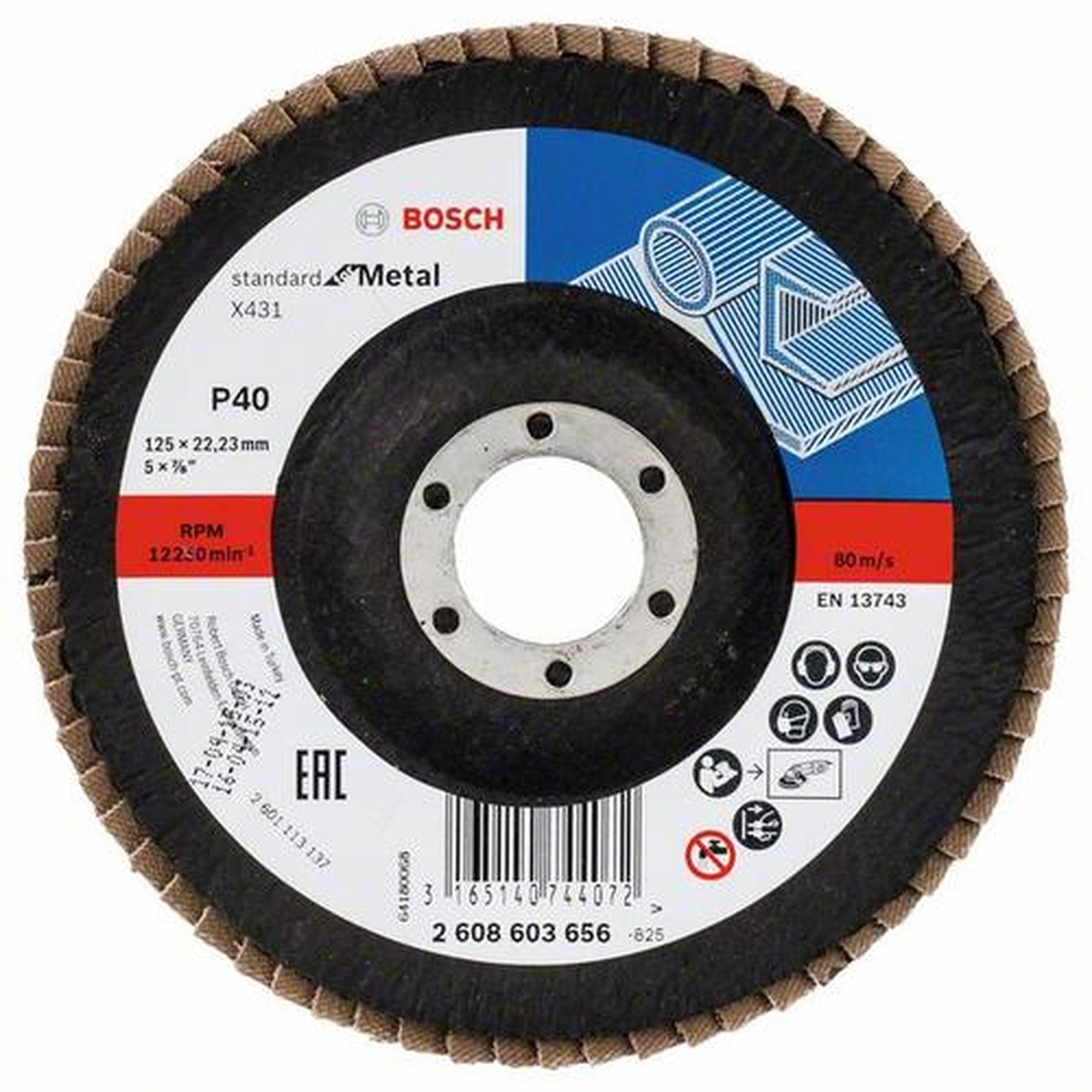 10x BOSCH Fächerschleifscheibe X431 Standard für Metall, gewinkelt, Ø 125 mm, 22,23 mm, 40