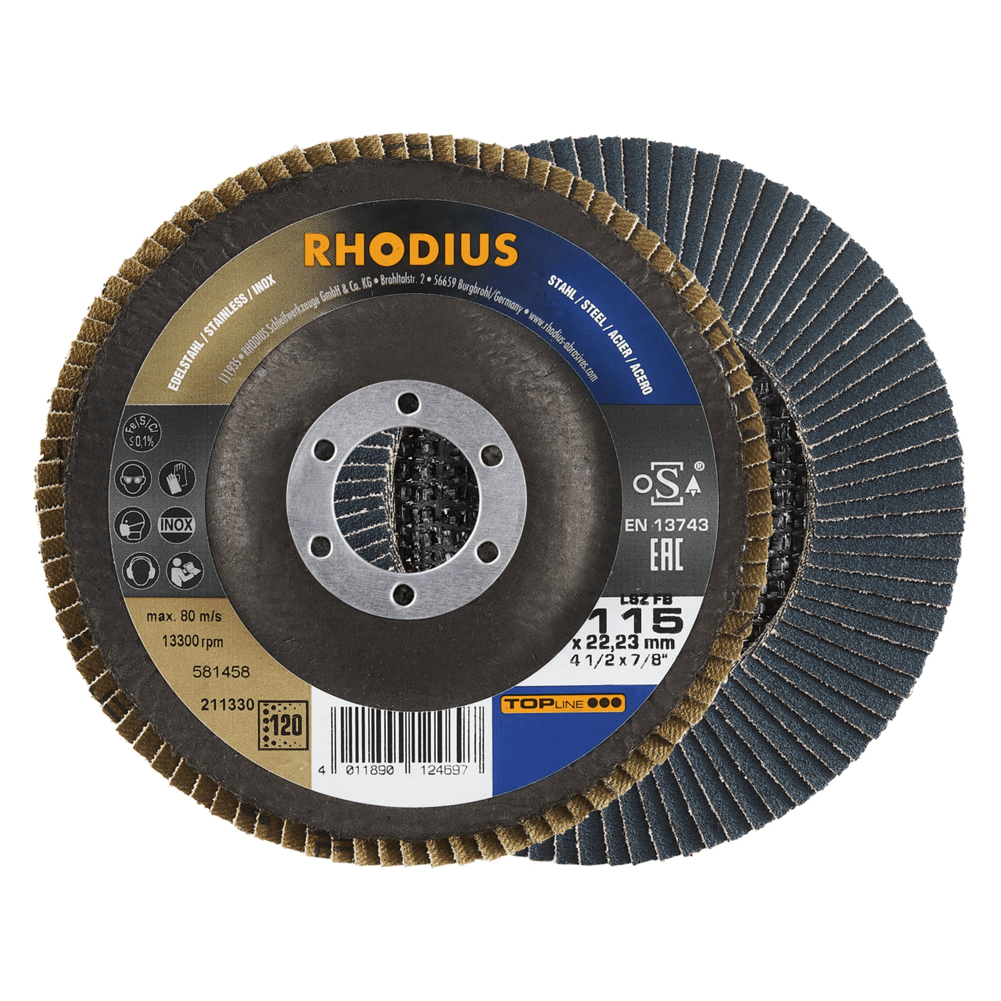 10 x RHODIUS Fächerschleifscheibe Fächerscheibe LSZ FB Ø 115 mm Korn 120