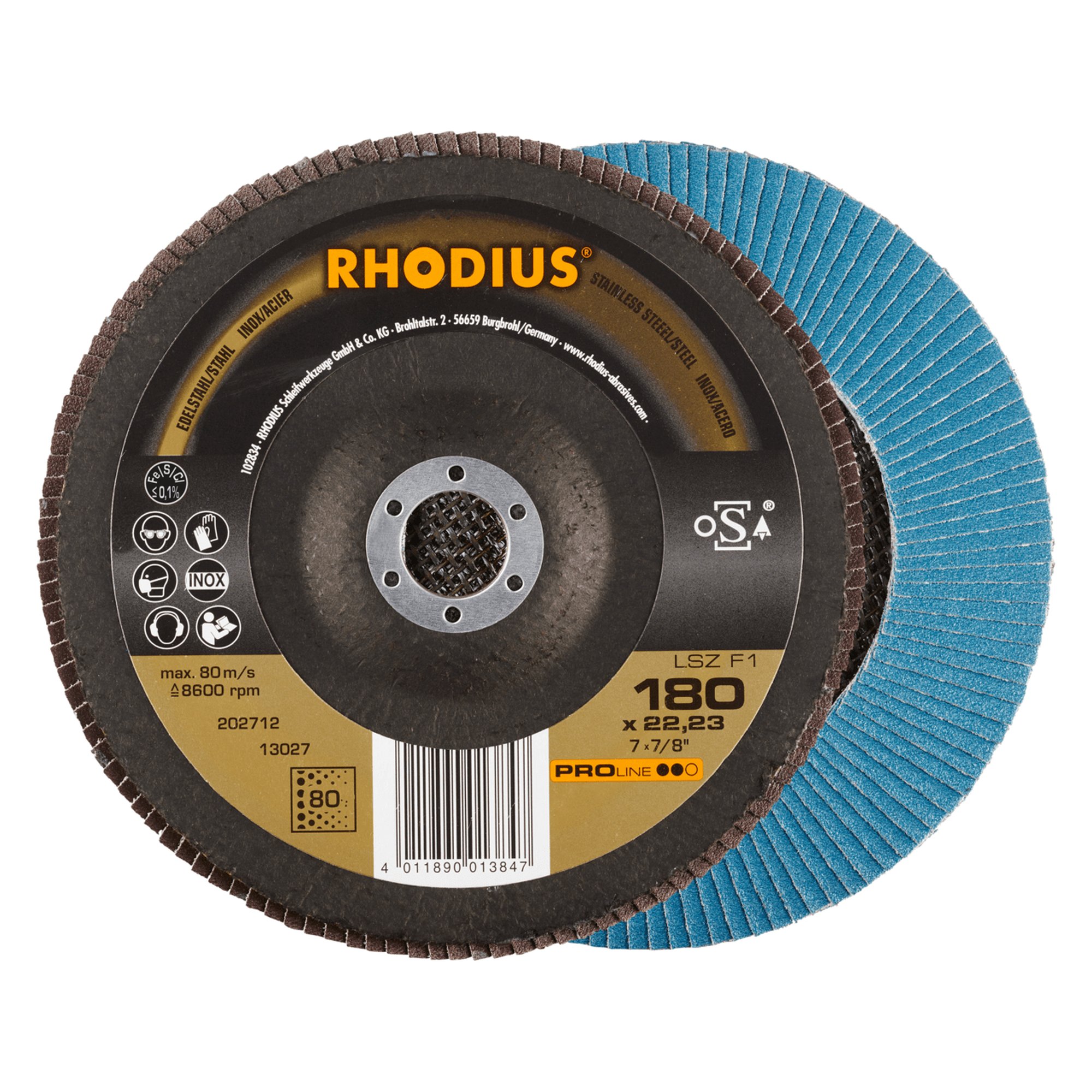 10 x RHODIUS Fächerschleifscheibe Fächerscheibe LSZ F1 Ø 180 mm Korn 80