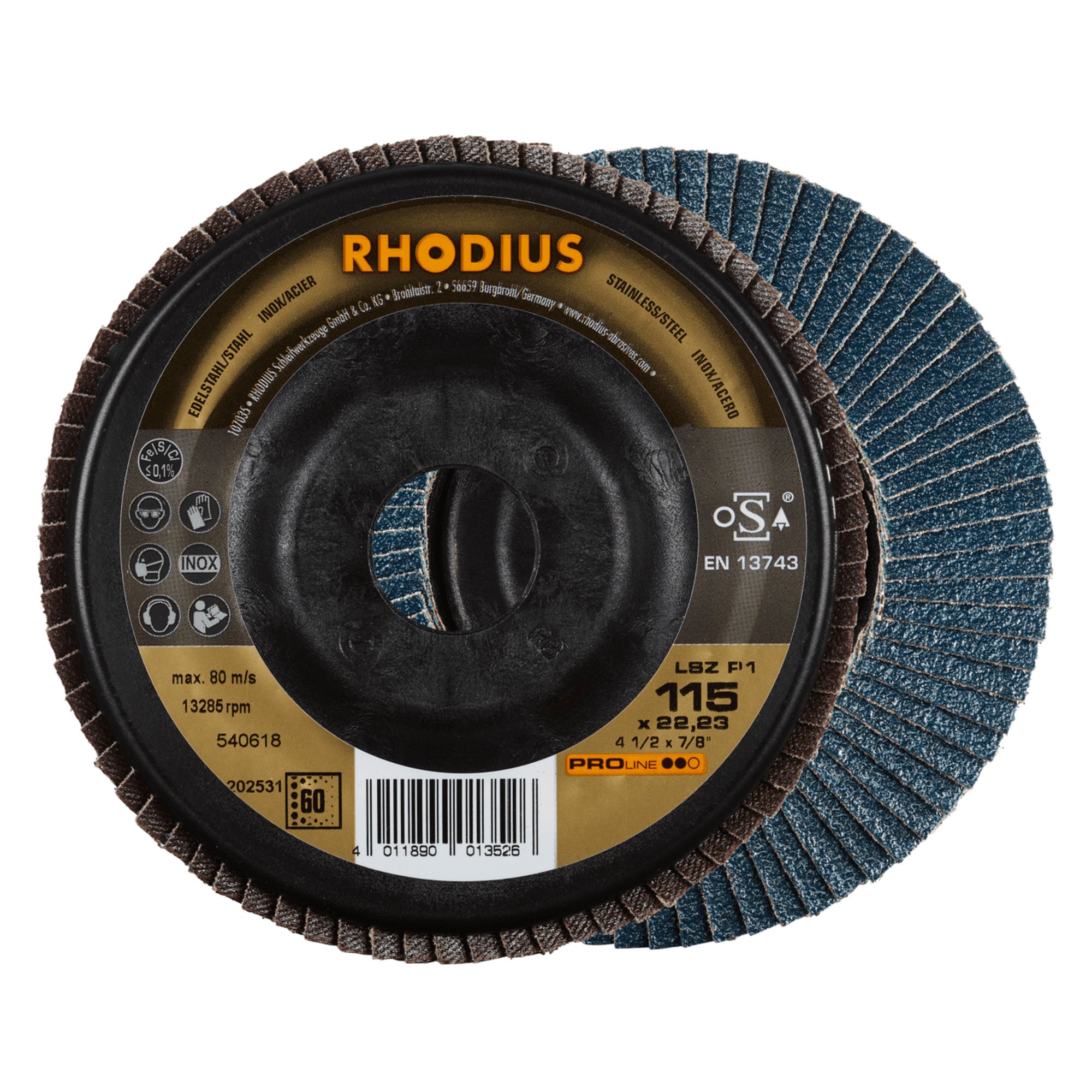 10 x RHODIUS Fächerschleifscheibe Fächerscheibe LSZ P1 Ø 115 mm Korn 60