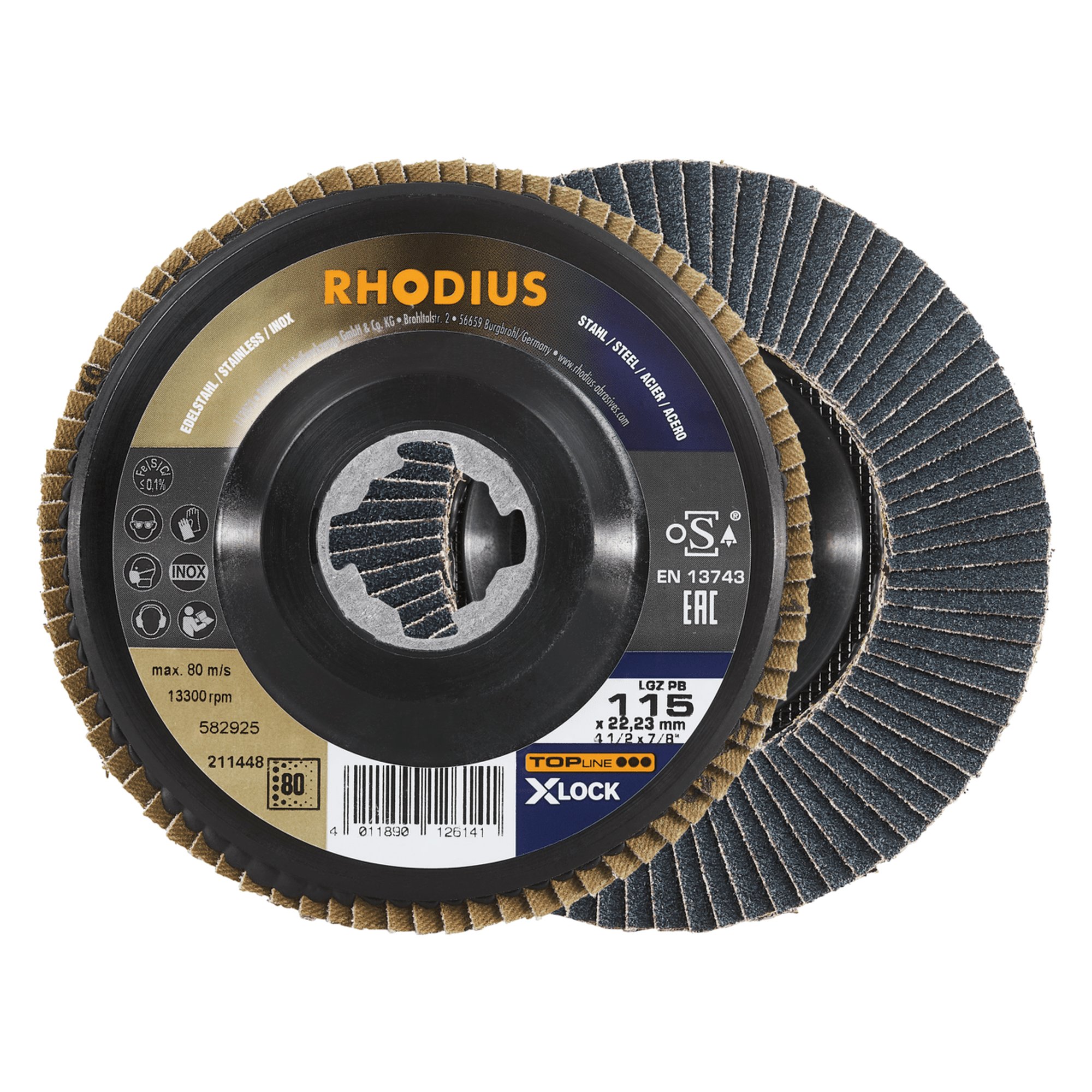 10 x RHODIUS Fächerschleifscheibe Fächerscheibe LGZ PB X-LOCK Ø 115 mm Korn 80