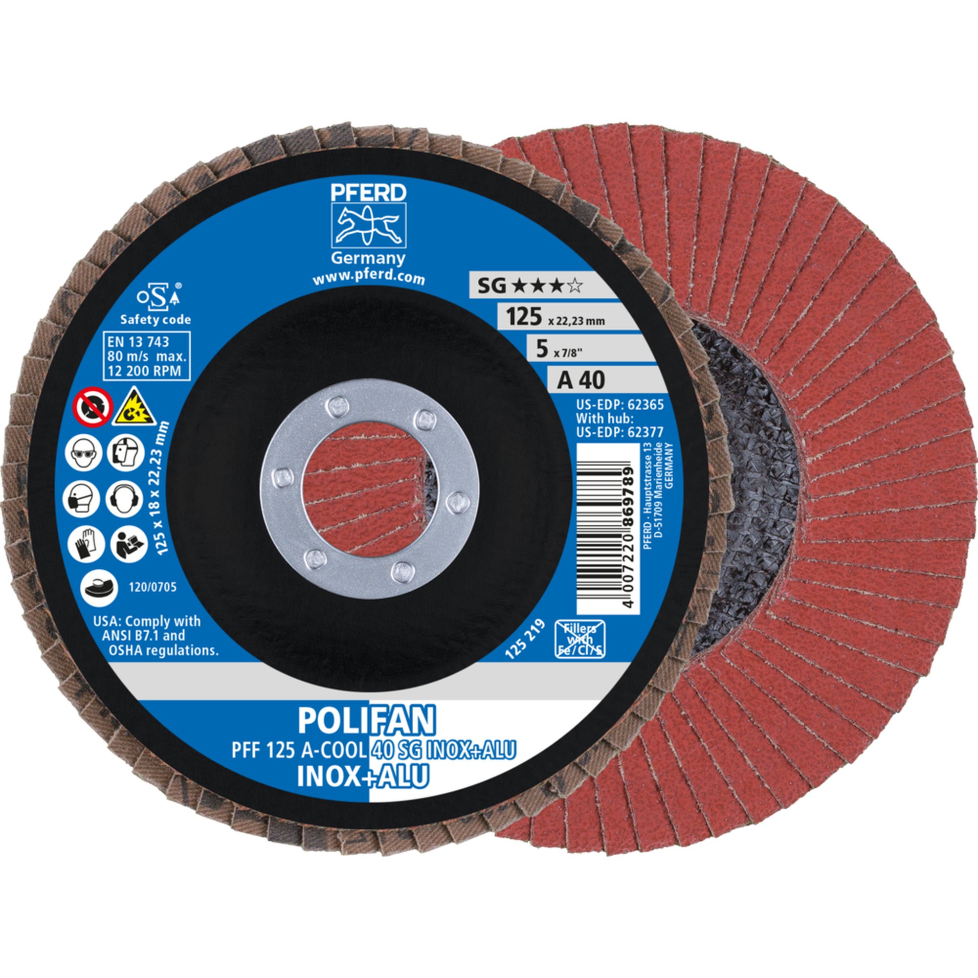 10 x PFERD POLIFAN-Fächerscheibe PFF 125 A-COOL 40 SG INOX+ALU