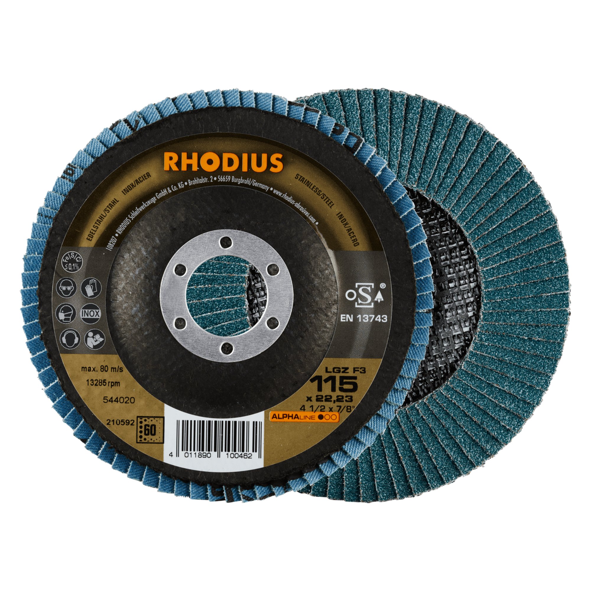 10 x RHODIUS Fächerschleifscheibe Fächerscheibe LGZ F3 Ø 115 mm Korn 60