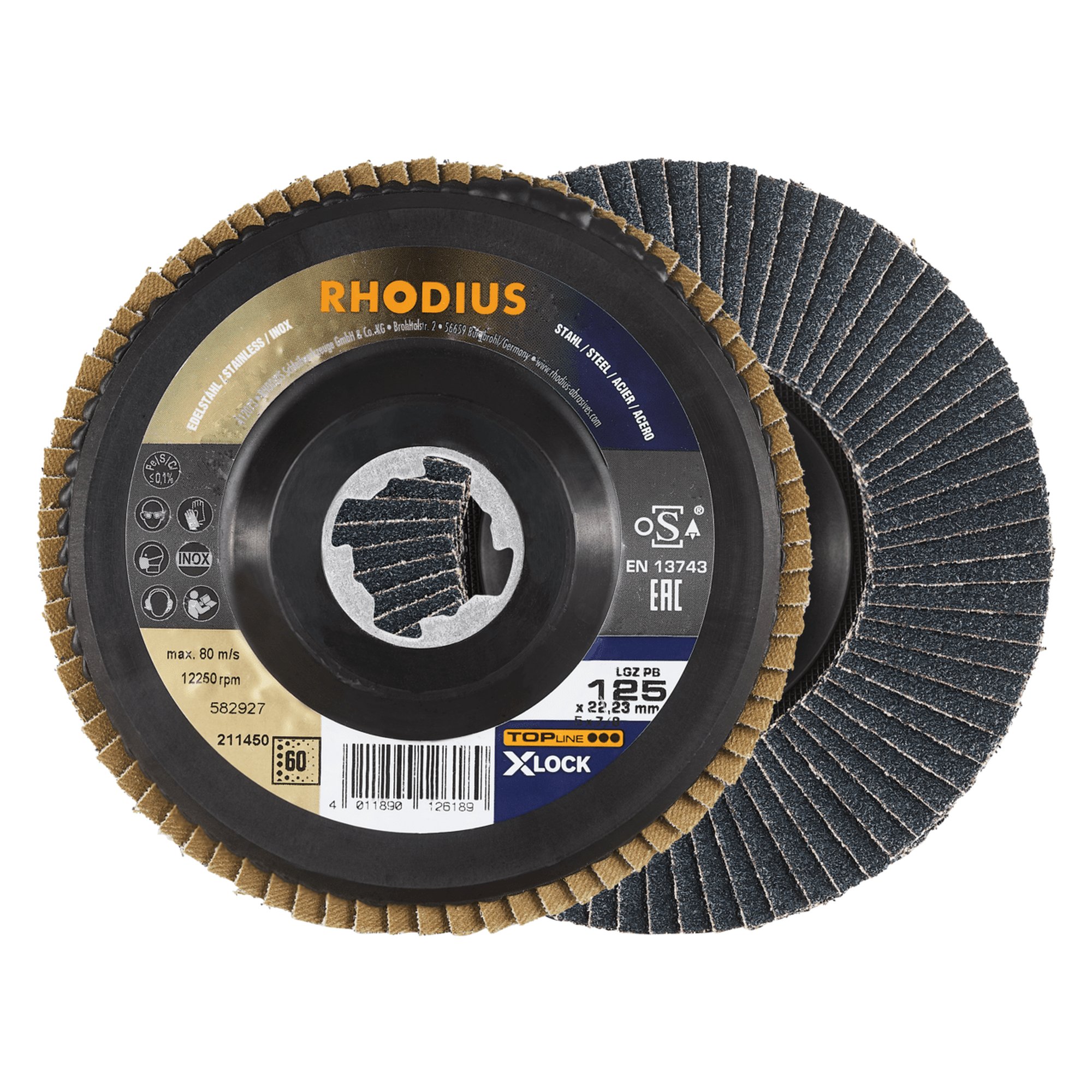 10 x RHODIUS Fächerschleifscheibe Fächerscheibe LGZ PB X-LOCK Ø 125 mm Korn 60