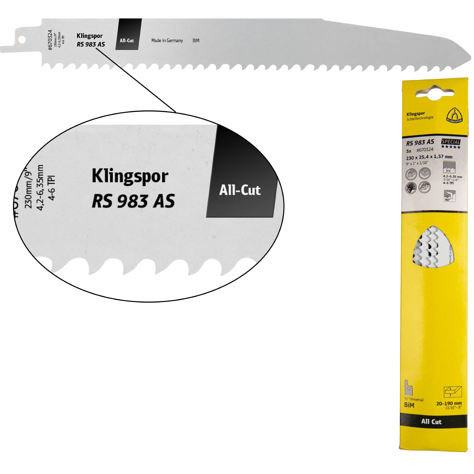 5 x Klingspor RS 983 AS Säbelsägeblätter 230 x 25,4 x 1,57 mm Nutzlänge 210Bi-Metall gefräst, geschränkt, 4-6 Zähne pro Zoll