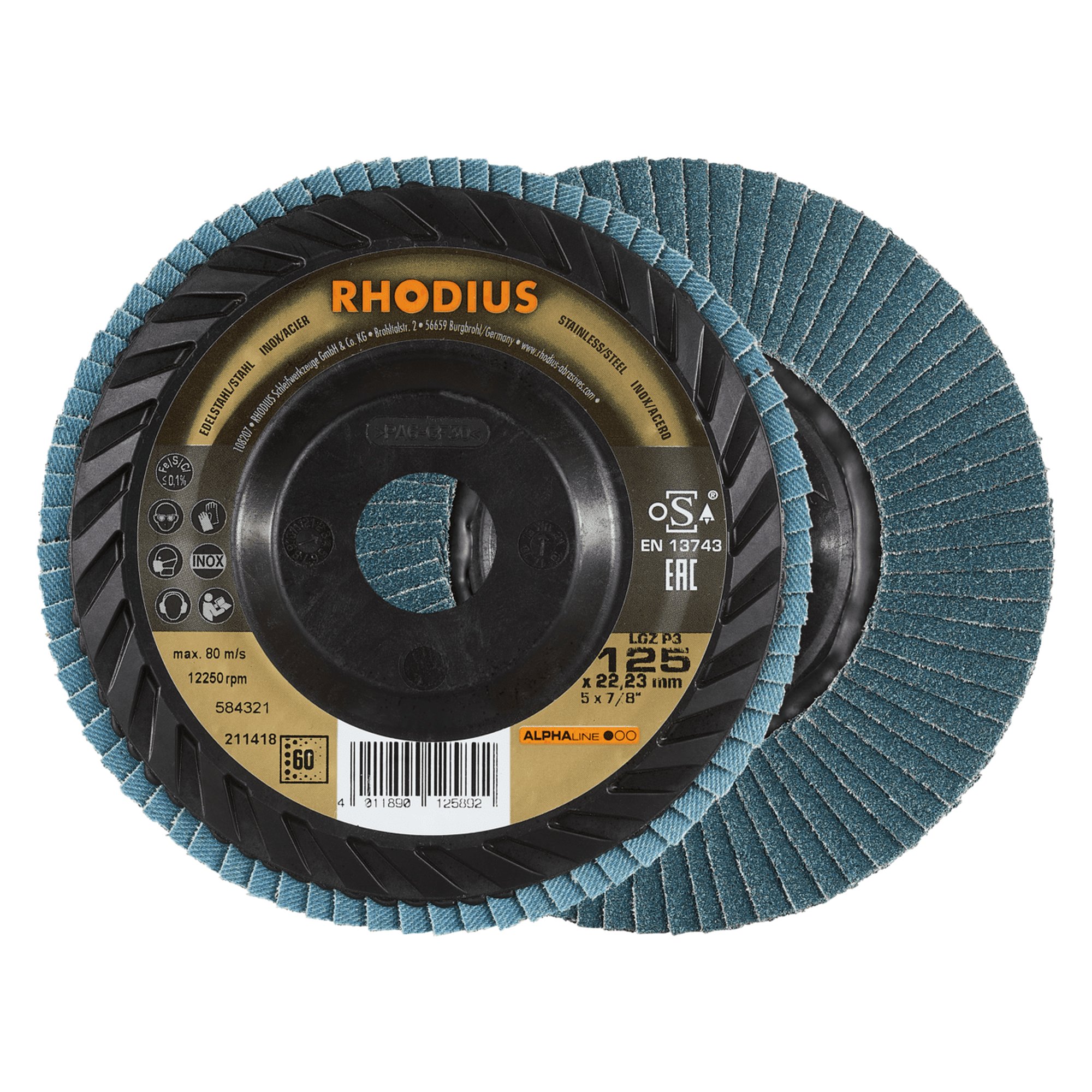 10 x RHODIUS Fächerschleifscheibe Fächerscheibe LGZ P3 Ø 125 mm Korn 60