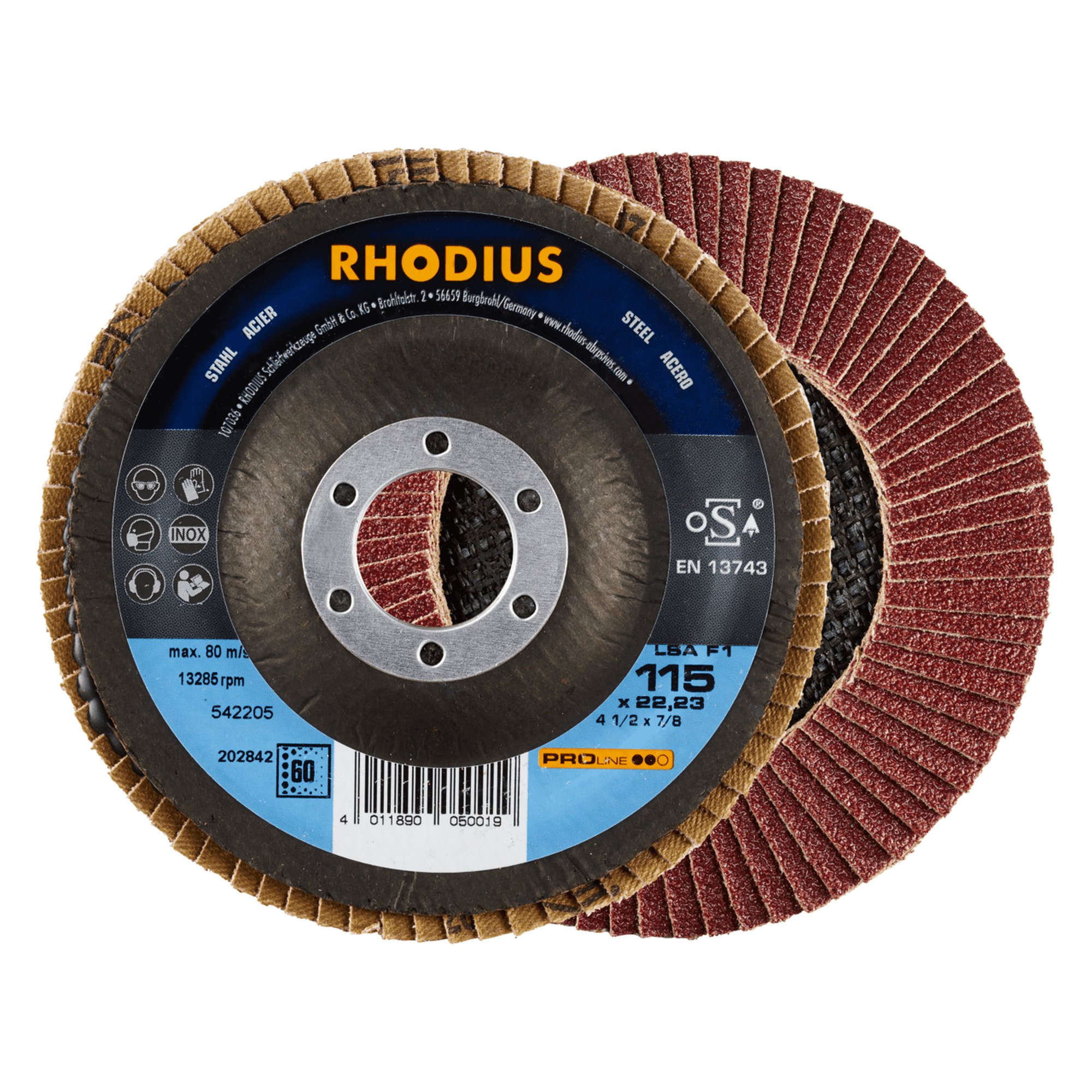 10 x RHODIUS Fächerschleifscheibe Fächerscheibe LSA F1 Ø 115 mm Korn 60