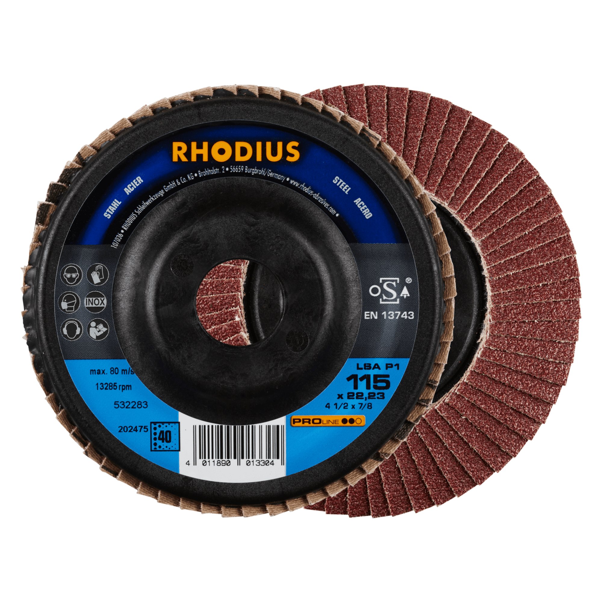 10 x RHODIUS Fächerschleifscheibe Fächerscheibe LSA P1 Ø 115 mm Korn 40