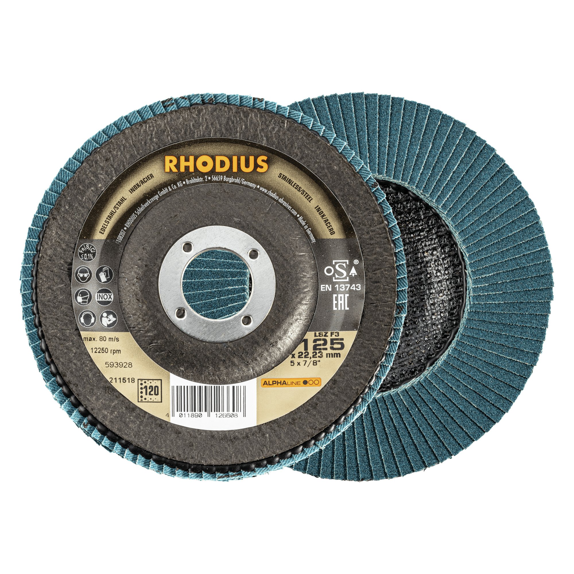 10 x RHODIUS Fächerschleifscheibe Fächerscheibe LSZ F3 Ø 125 mm Korn 120