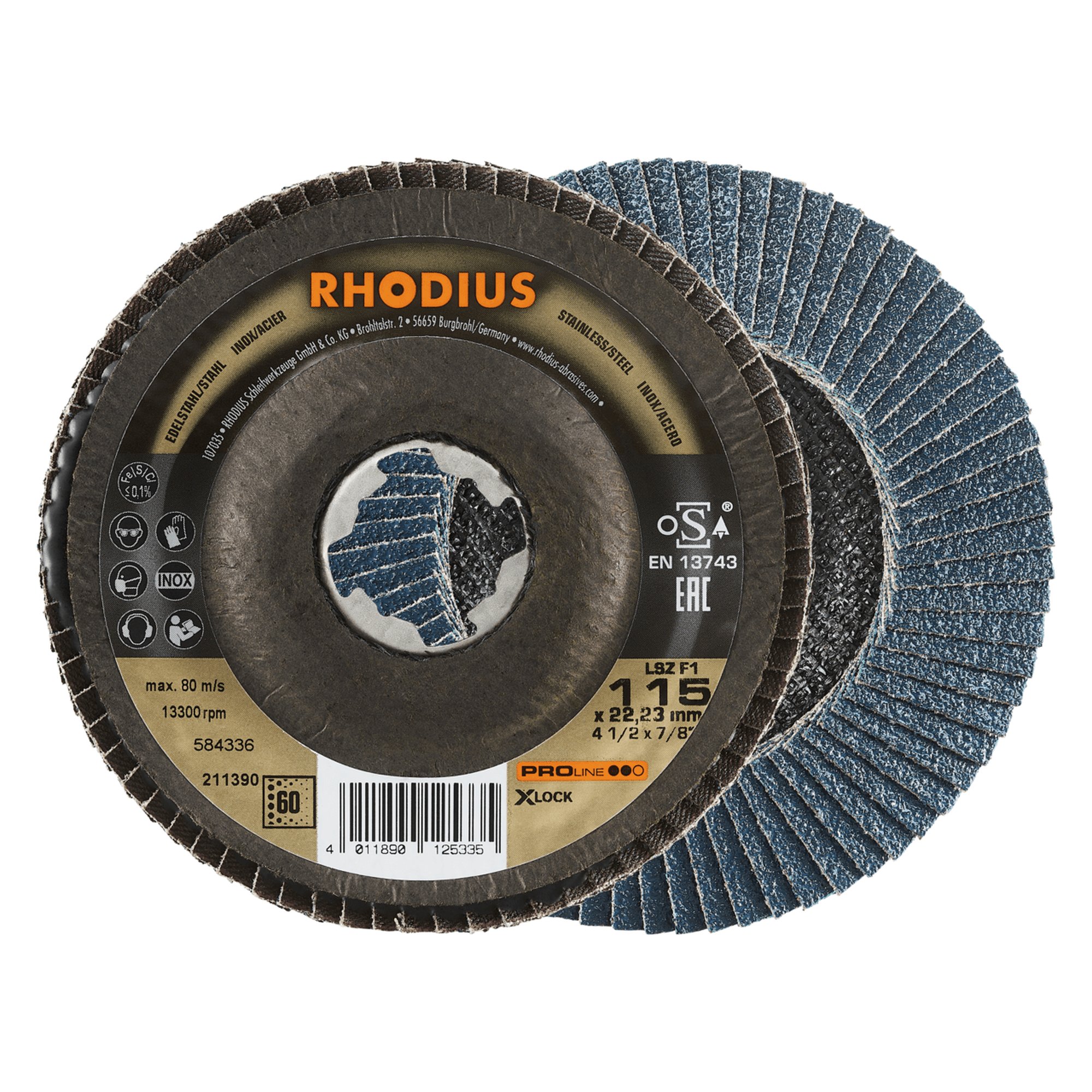 10 x RHODIUS Fächerschleifscheibe Fächerscheibe LSZ F1 X-LOCK Ø 115 mm Korn 60