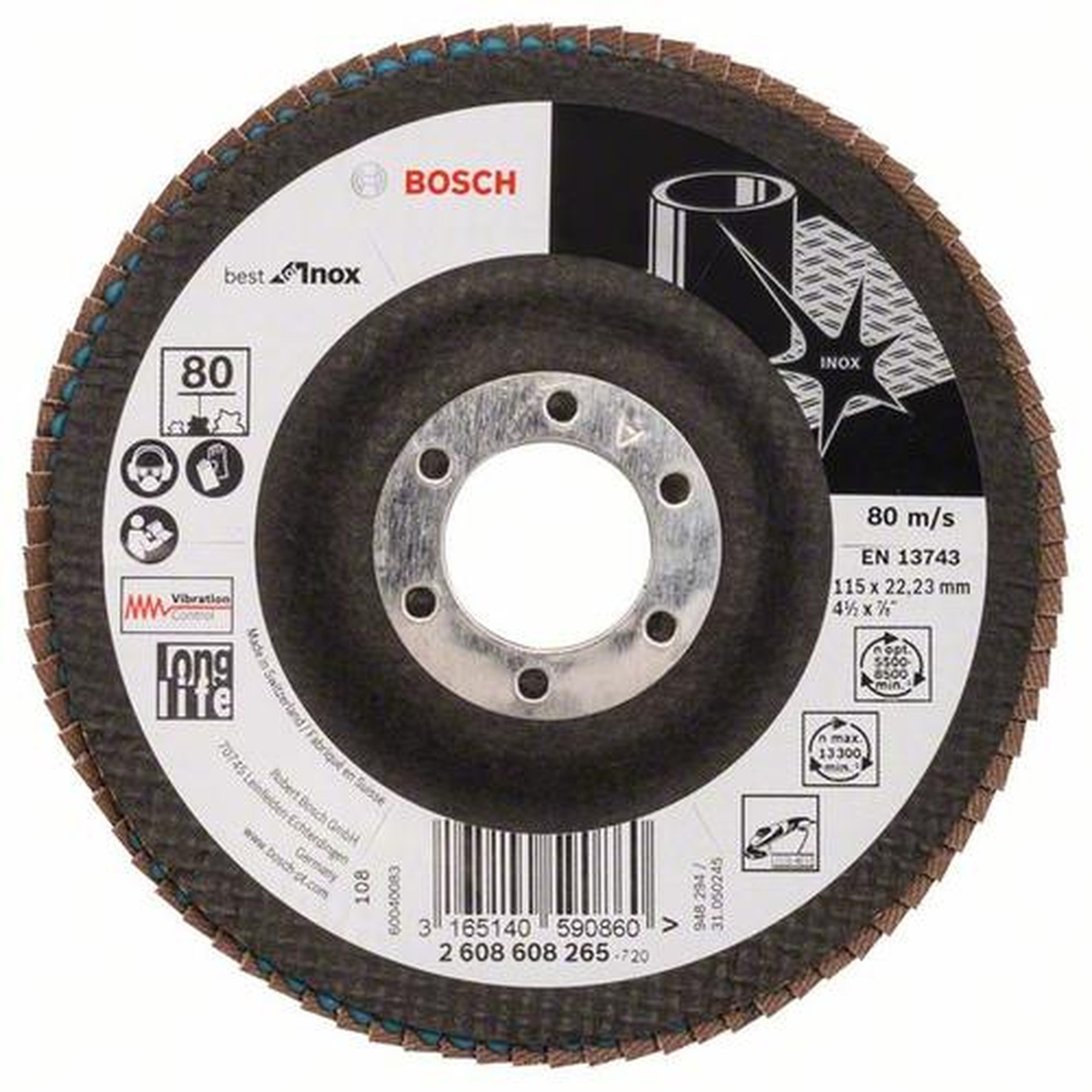 10x BOSCH Fächerschleifscheibe X581 Best für Edelstahl, gewinkelt, Ø 115 mm, 80, Glasgewebe