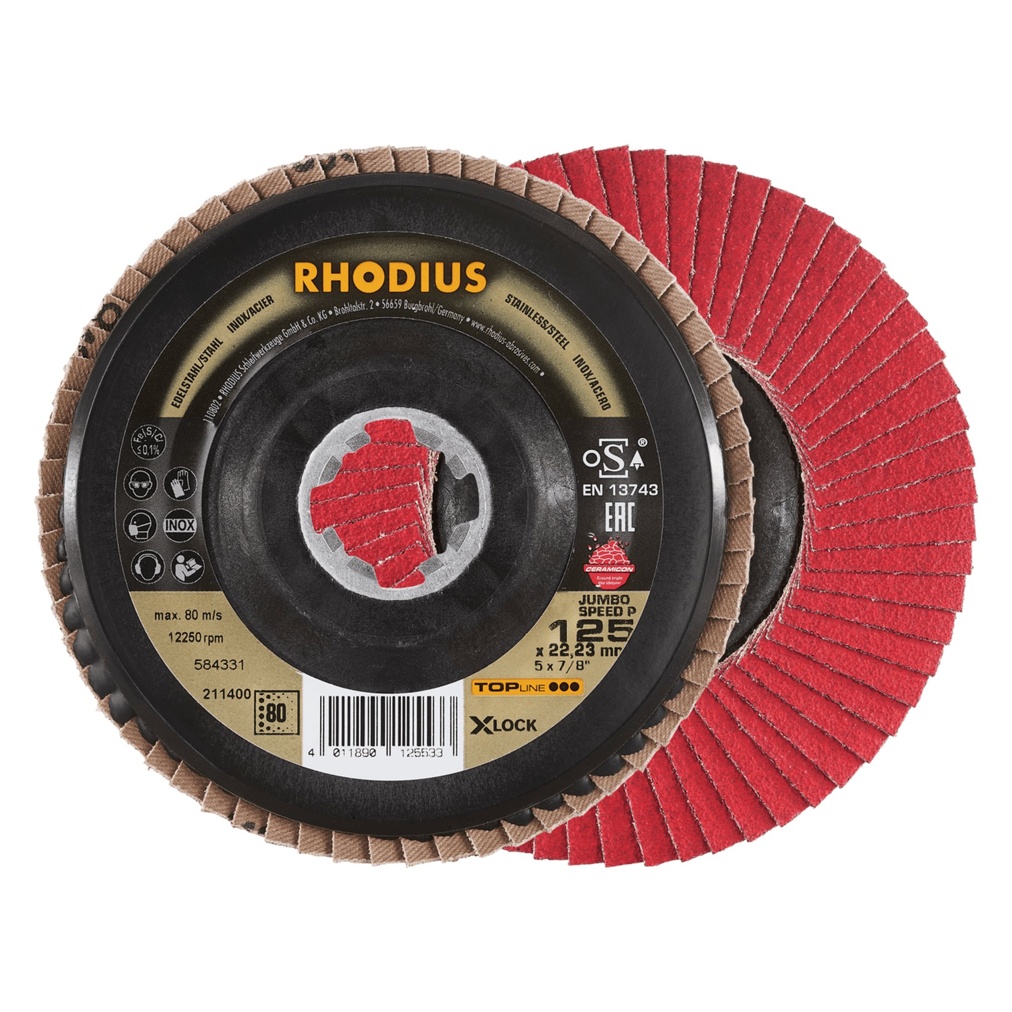 10 x RHODIUS Fächerschleifscheibe Fächerscheibe  SPEED P X-LOCK Ø 125 mm Korn 80