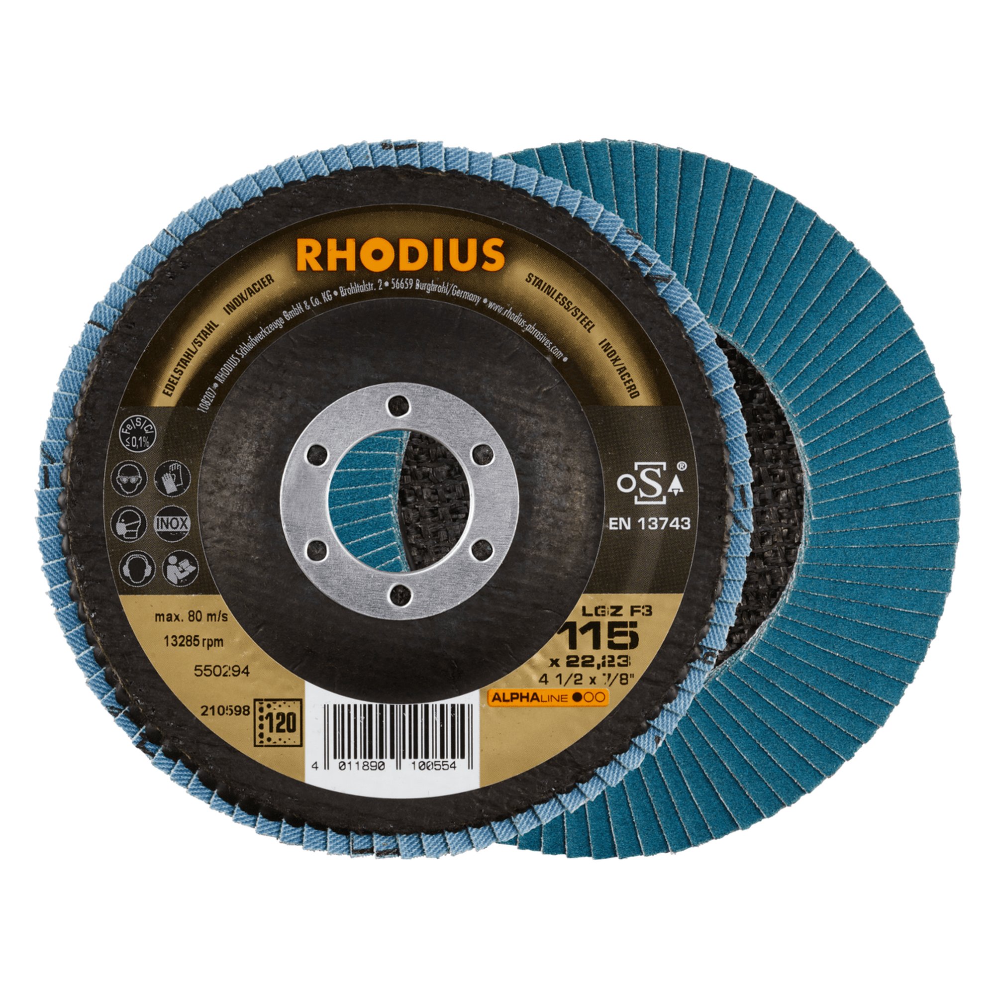 10 x RHODIUS Fächerschleifscheibe Fächerscheibe LGZ F3 Ø 115 mm Korn 120