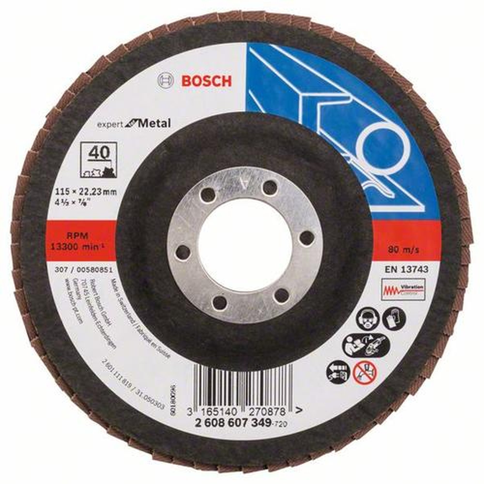 10x BOSCH Fächerschleifscheibe X551 Expert für Metall, gerade, Ø 115 mm, 40, Glasgewebe