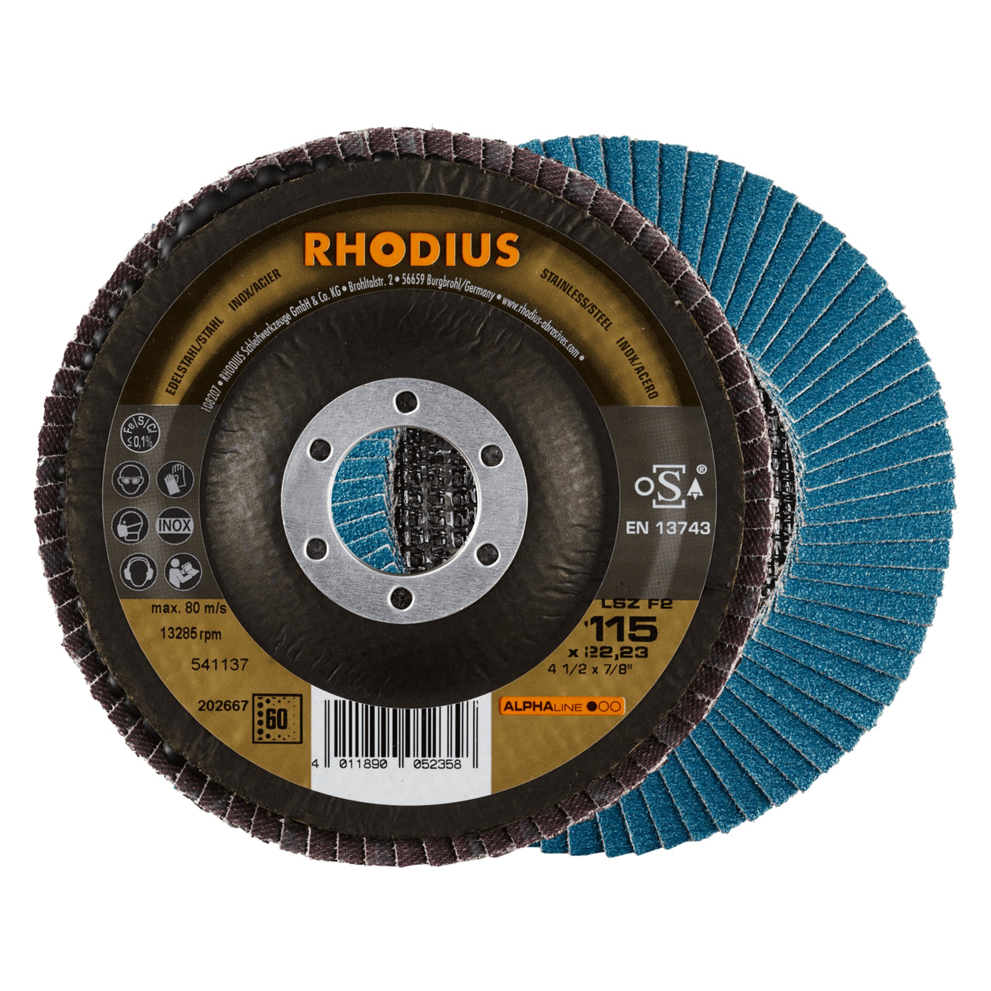 10 x RHODIUS Fächerschleifscheibe Fächerscheibe LSZ F2 Ø 115 mm Korn 60