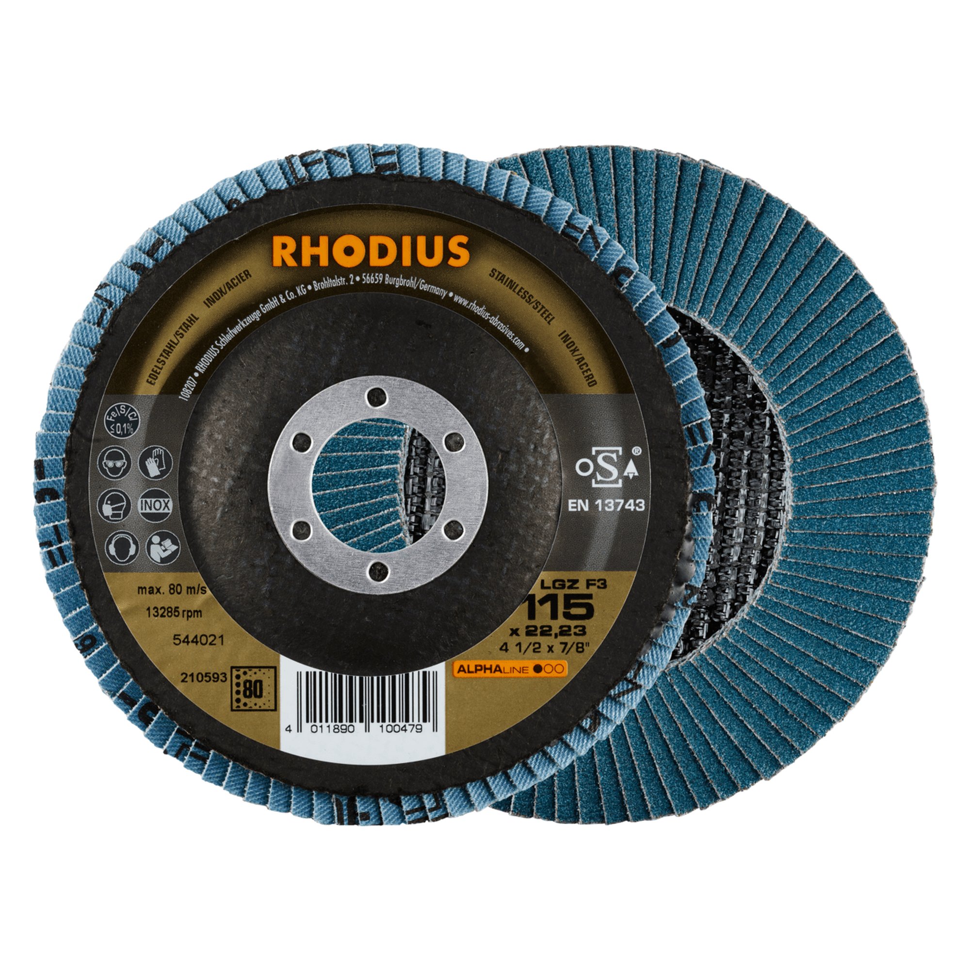 10 x RHODIUS Fächerschleifscheibe Fächerscheibe LGZ F3 Ø 115 mm Korn 80