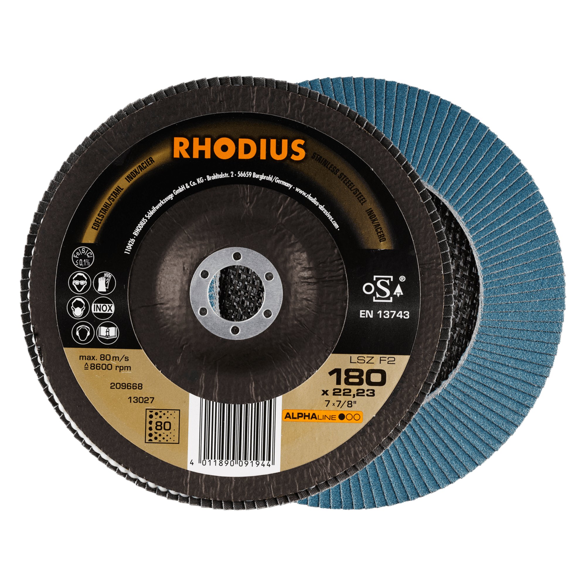 10 x RHODIUS Fächerschleifscheibe Fächerscheibe LSZ F2 Ø 180 mm Korn 80