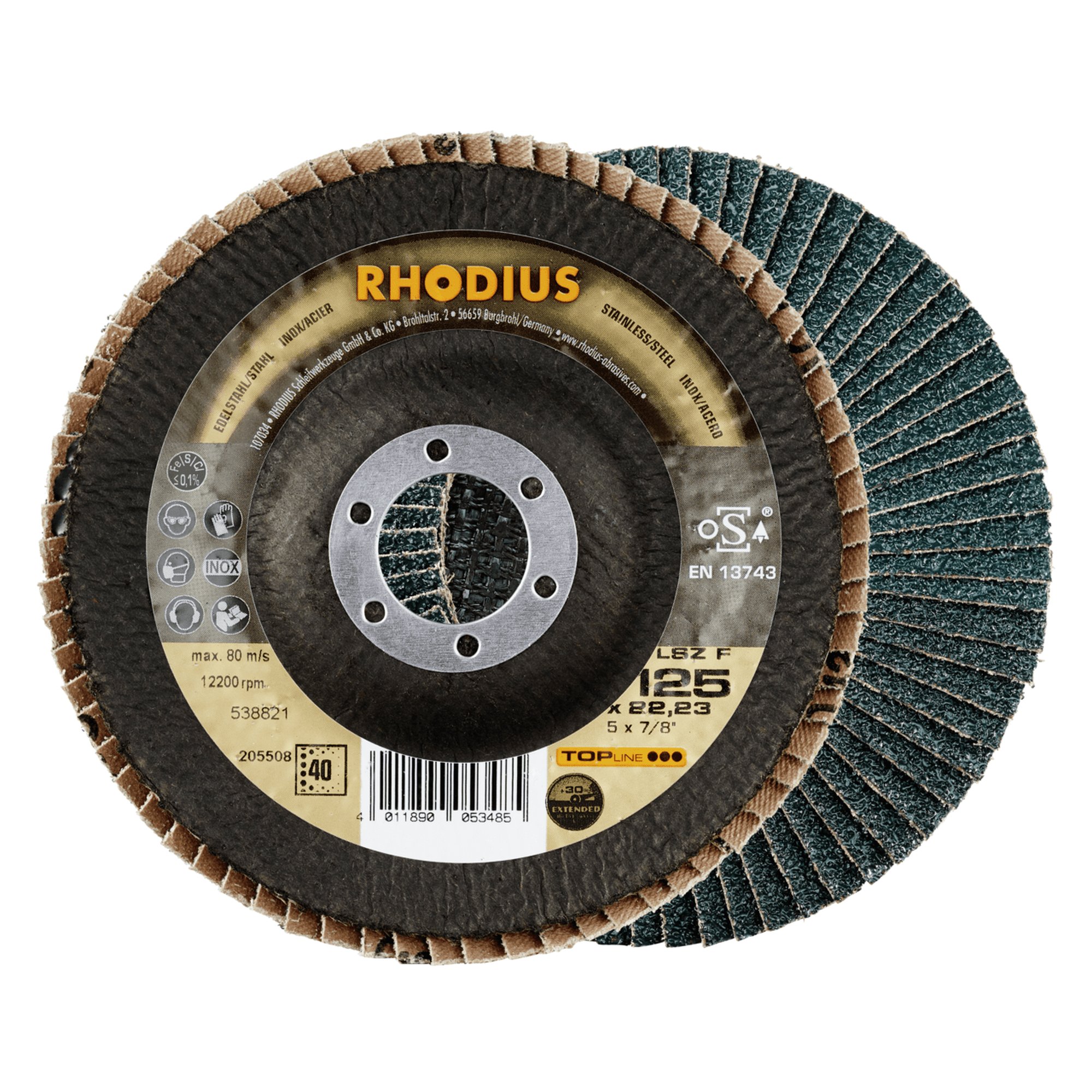 10 x RHODIUS Fächerschleifscheibe Fächerscheibe LSZ F Ø 125 mm Korn 40