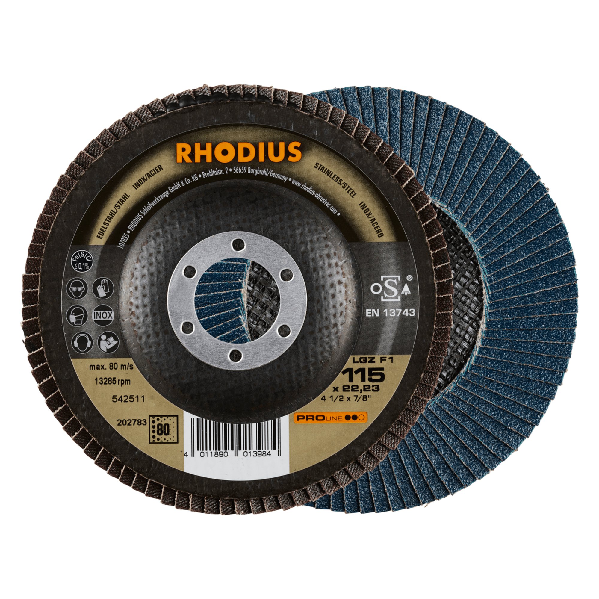 10 x RHODIUS Fächerschleifscheibe Fächerscheibe LGZ F1 Ø 115 mm Korn 80