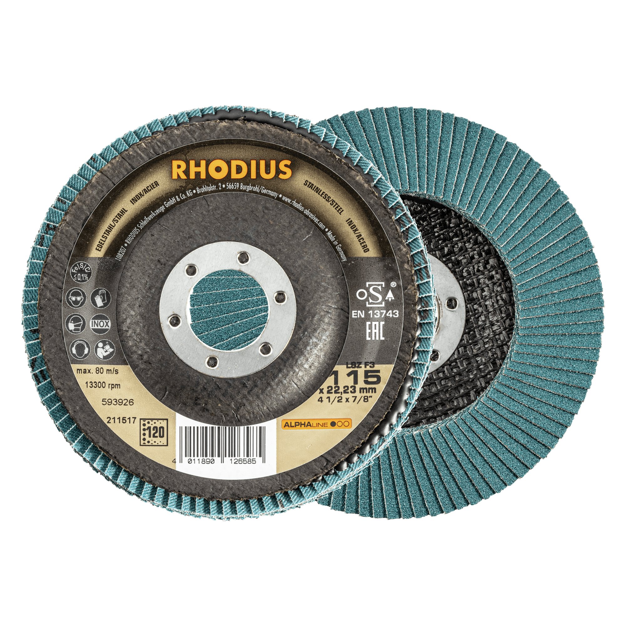 10 x RHODIUS Fächerschleifscheibe Fächerscheibe LSZ F3 Ø 115 mm Korn 120