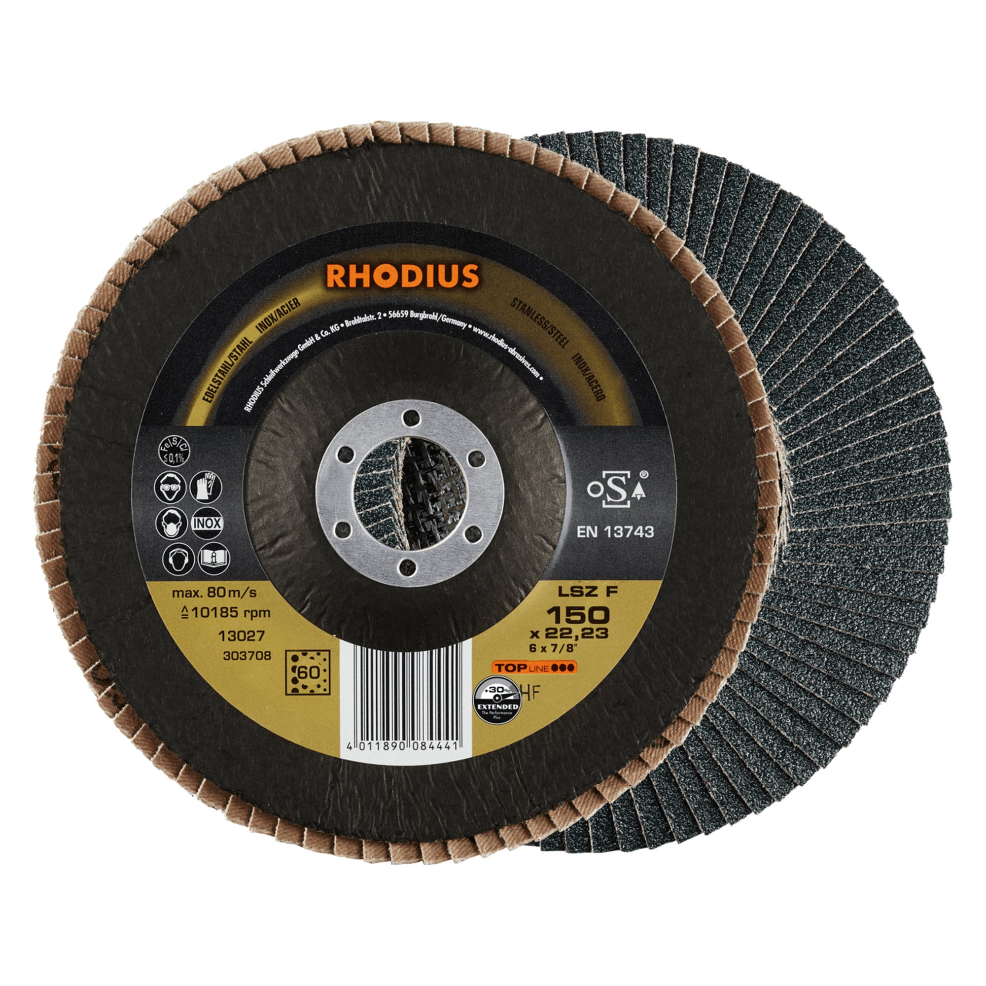 10 x RHODIUS Fächerschleifscheibe Fächerscheibe LSZ F Ø 150 mm Korn 60