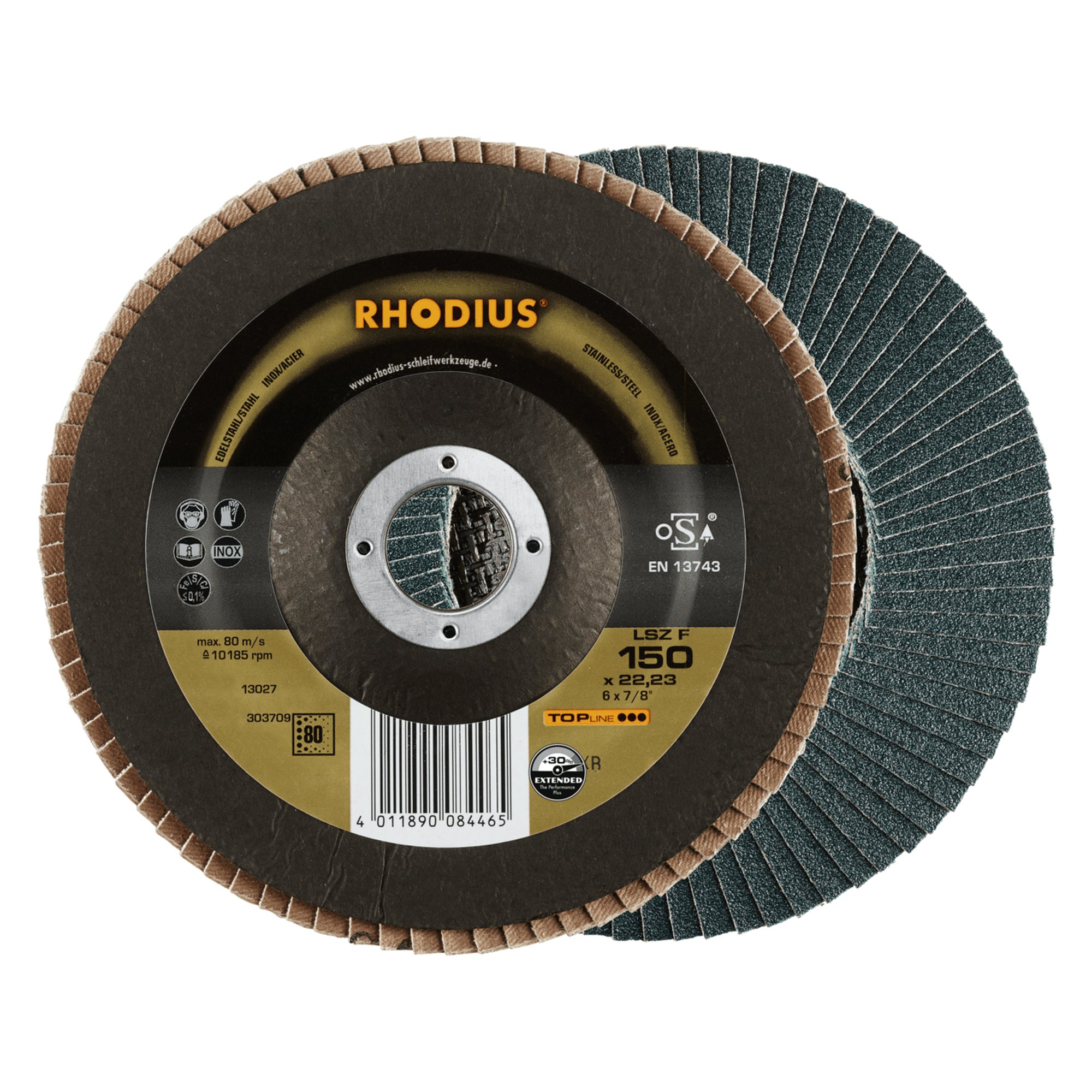 10 x RHODIUS Fächerschleifscheibe Fächerscheibe LSZ F Ø 150 mm Korn 80