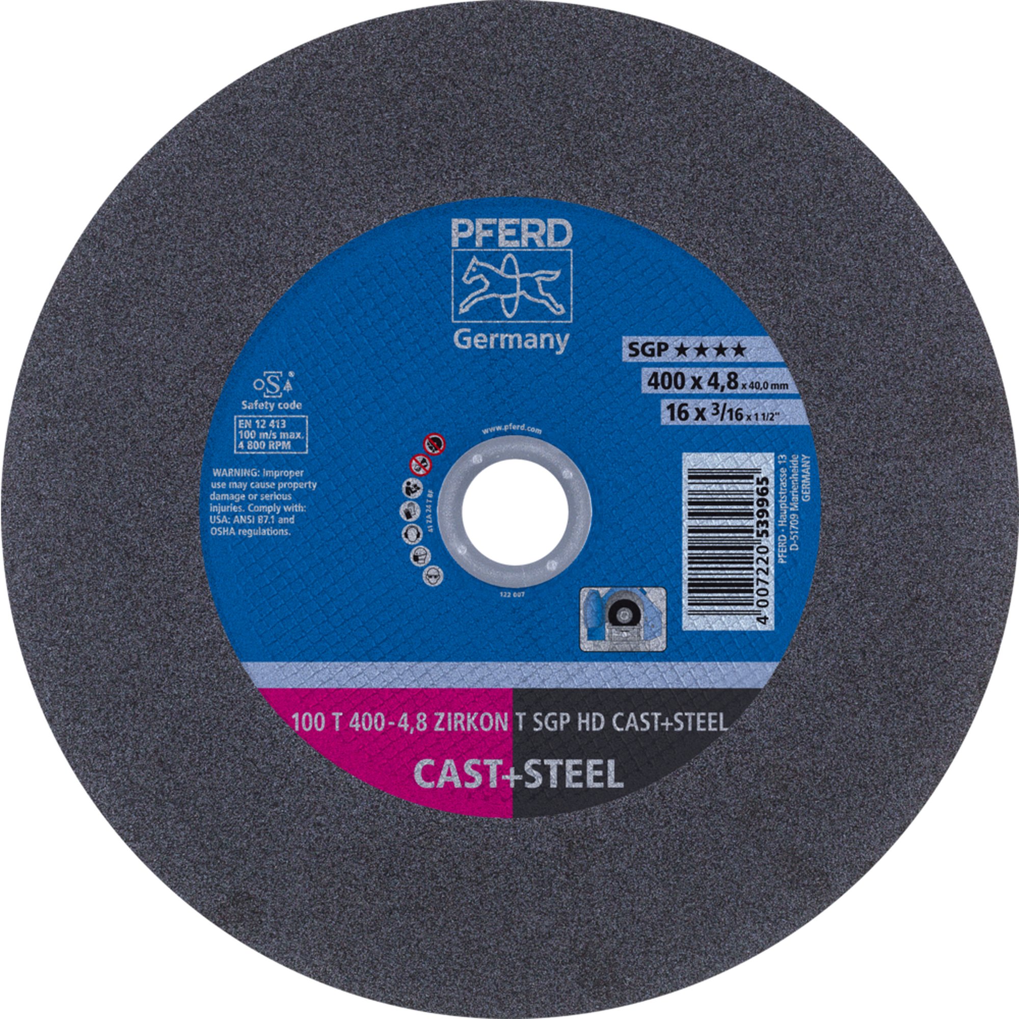 10 x PFERD Trennscheibe HEAVY DUTY 100 T 400-4,8 ZIRKON T SGP HD CAST+STEEL/40,0