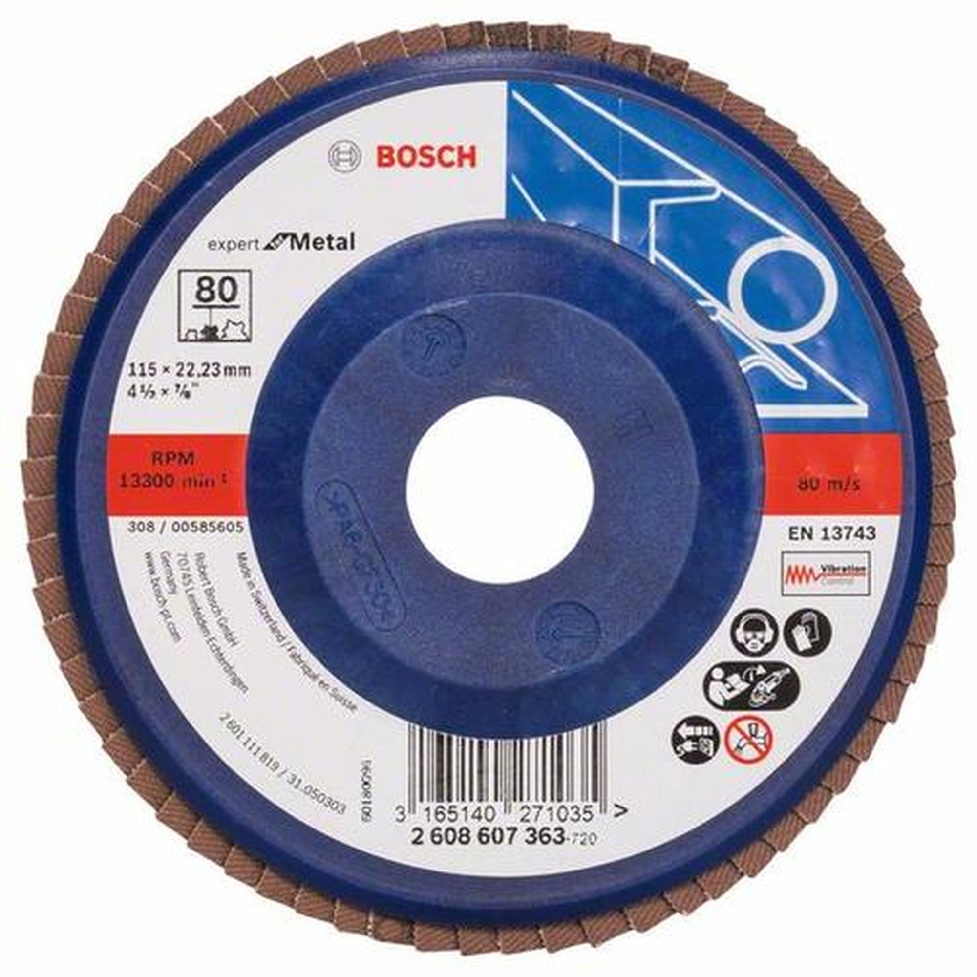 10x BOSCH Fächerschleifscheibe X551 Expert für Metall, gerade, Ø 115 mm, 80, Kunststoff