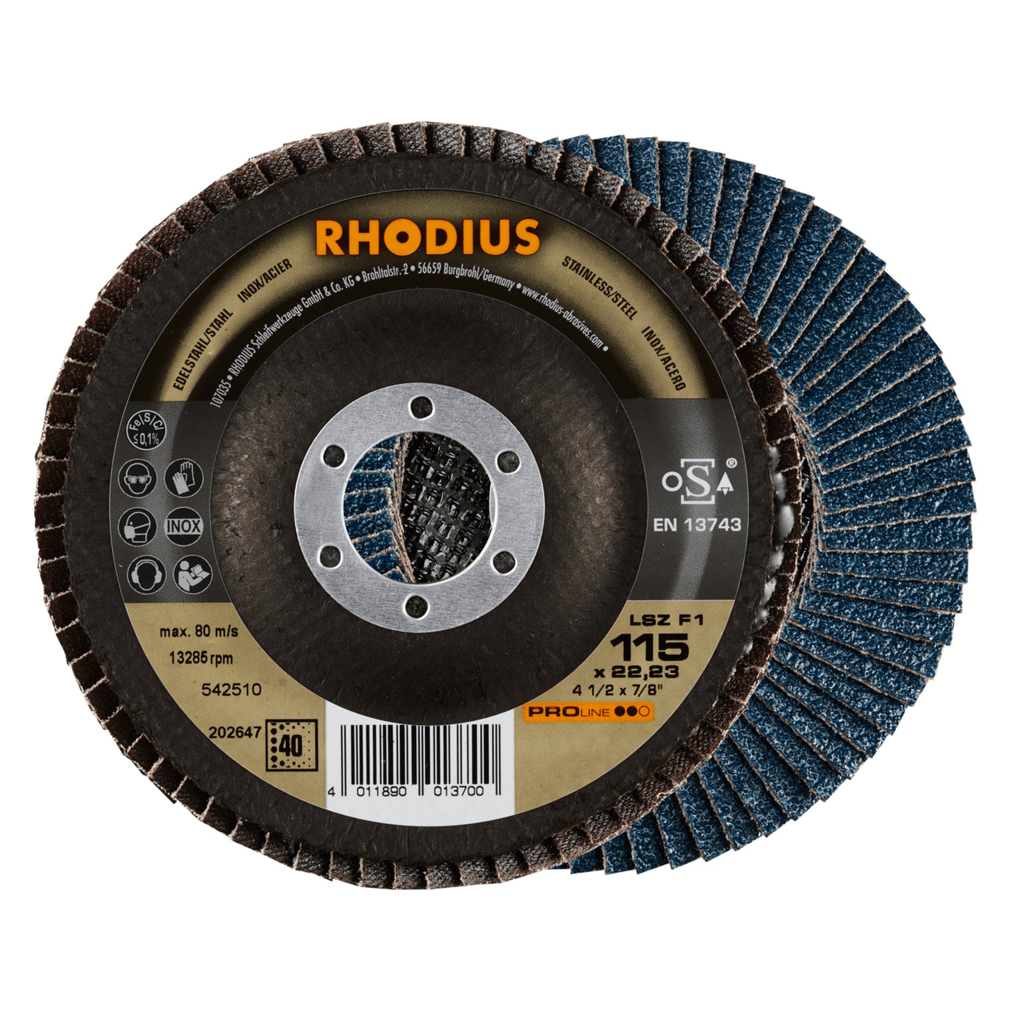 10 x RHODIUS Fächerschleifscheibe Fächerscheibe LSZ F1 Ø 115 mm Korn 40