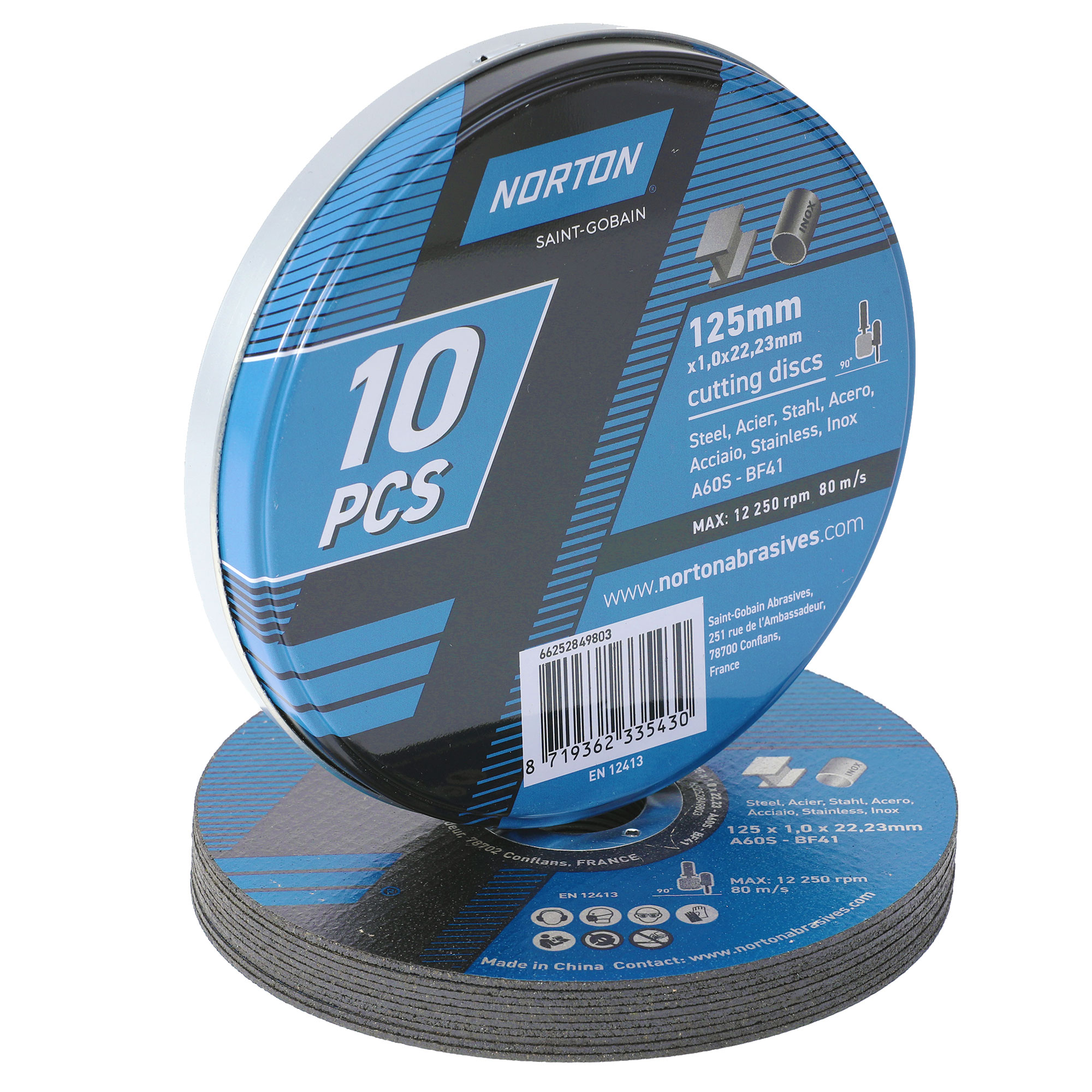 NORTON Trennscheiben Flexscheiben für Edelstahl | Ø 125 mm x 1,0 mm | Metall-Dose mit 10 Stück