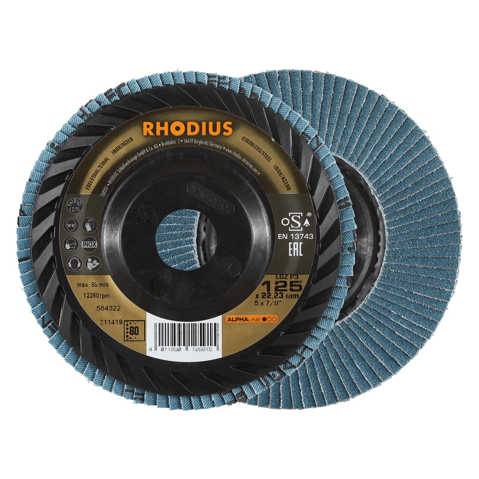 10 x RHODIUS Fächerschleifscheibe Fächerscheibe LGZ P3 Ø 125 mm Korn 80