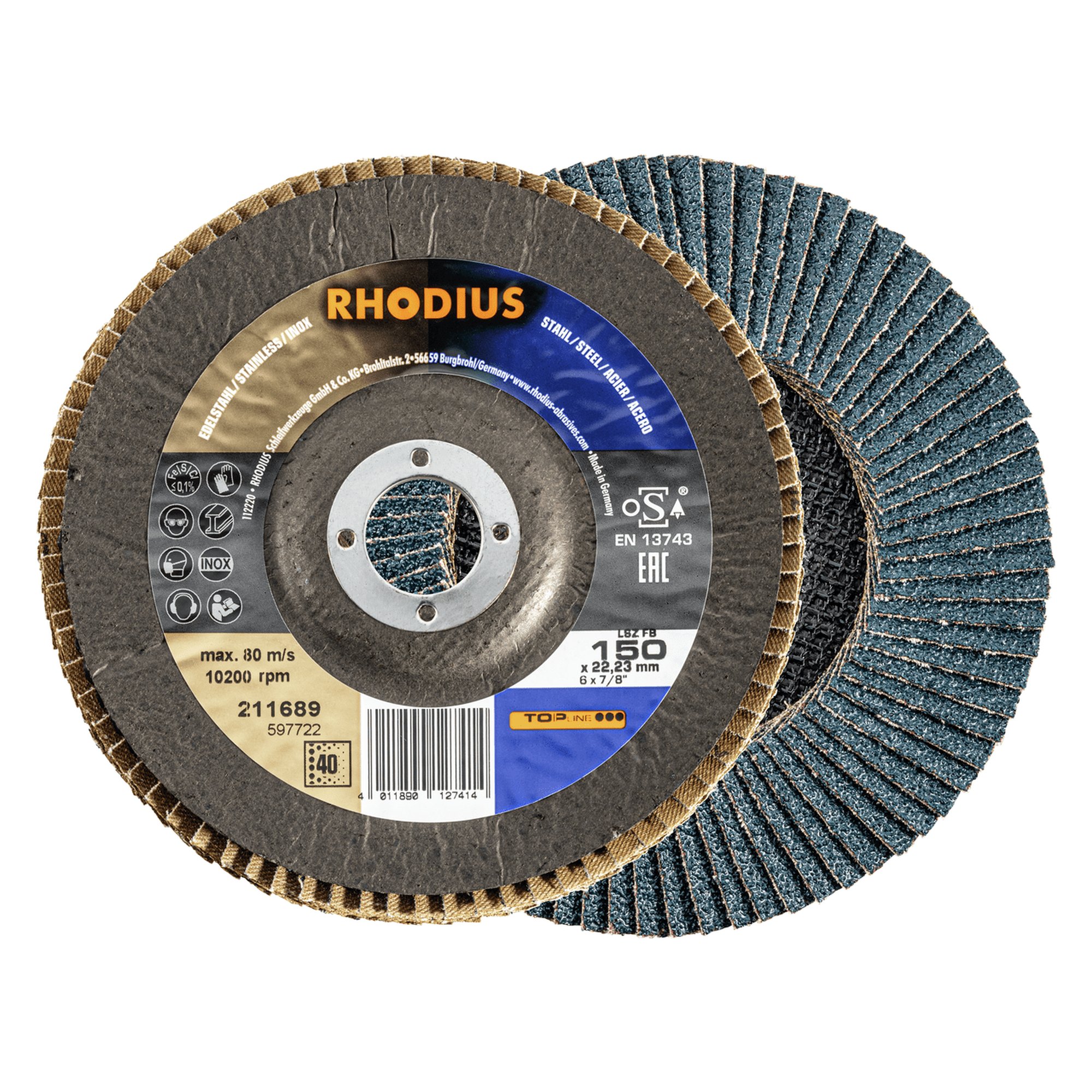 10 x RHODIUS Fächerschleifscheibe Fächerscheibe LSZ FB Ø 150 mm Korn 40