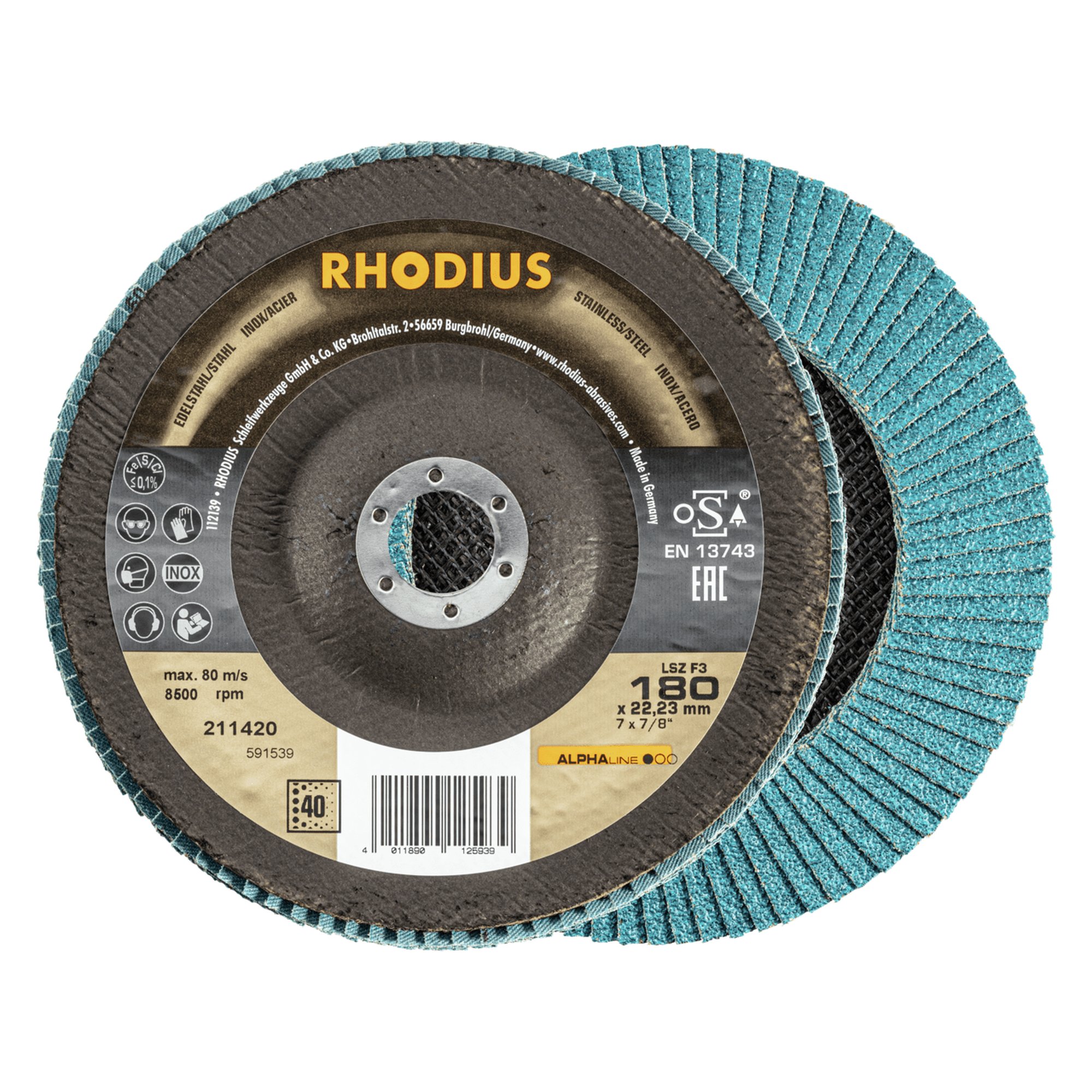 10 x RHODIUS Fächerschleifscheibe Fächerscheibe LSZ F3 Ø 180 mm Korn 40