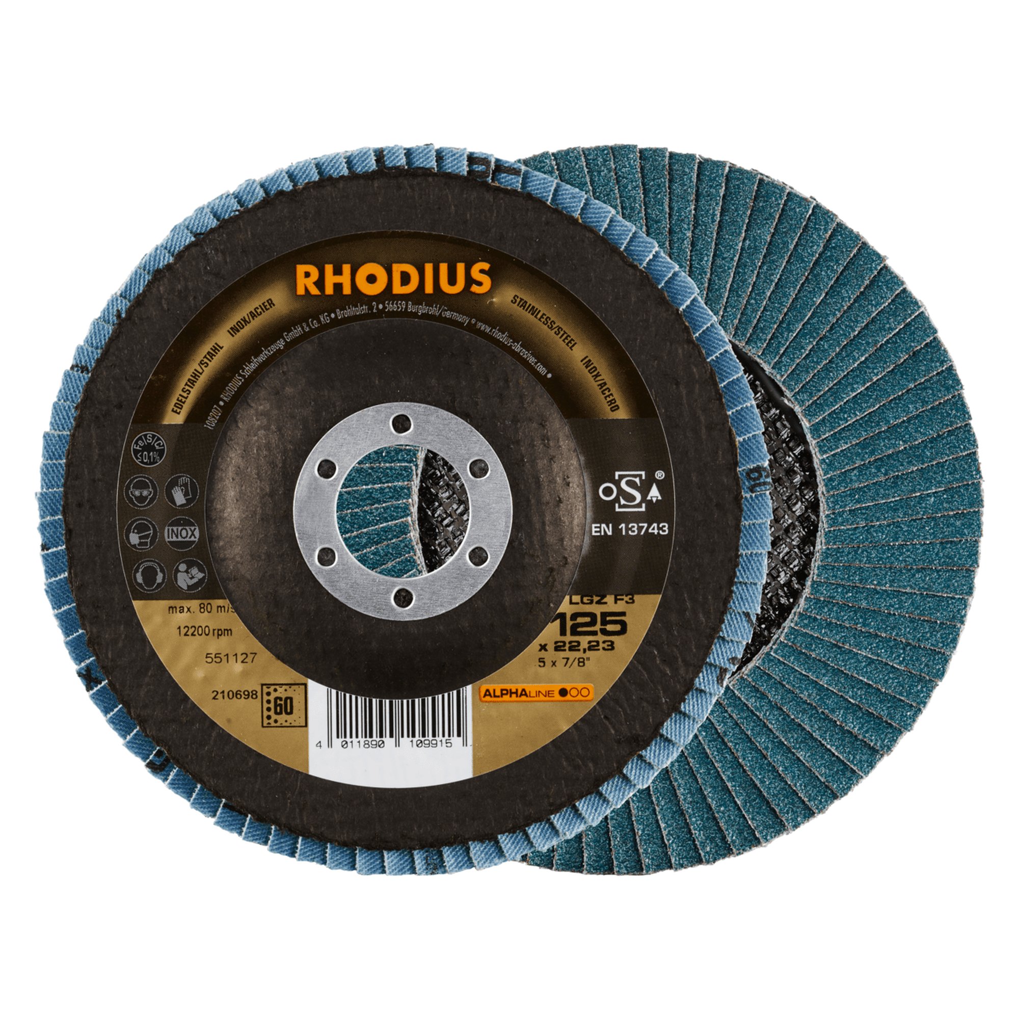 10 x RHODIUS Fächerschleifscheibe Fächerscheibe LGZ F3 Ø 125 mm Korn 60