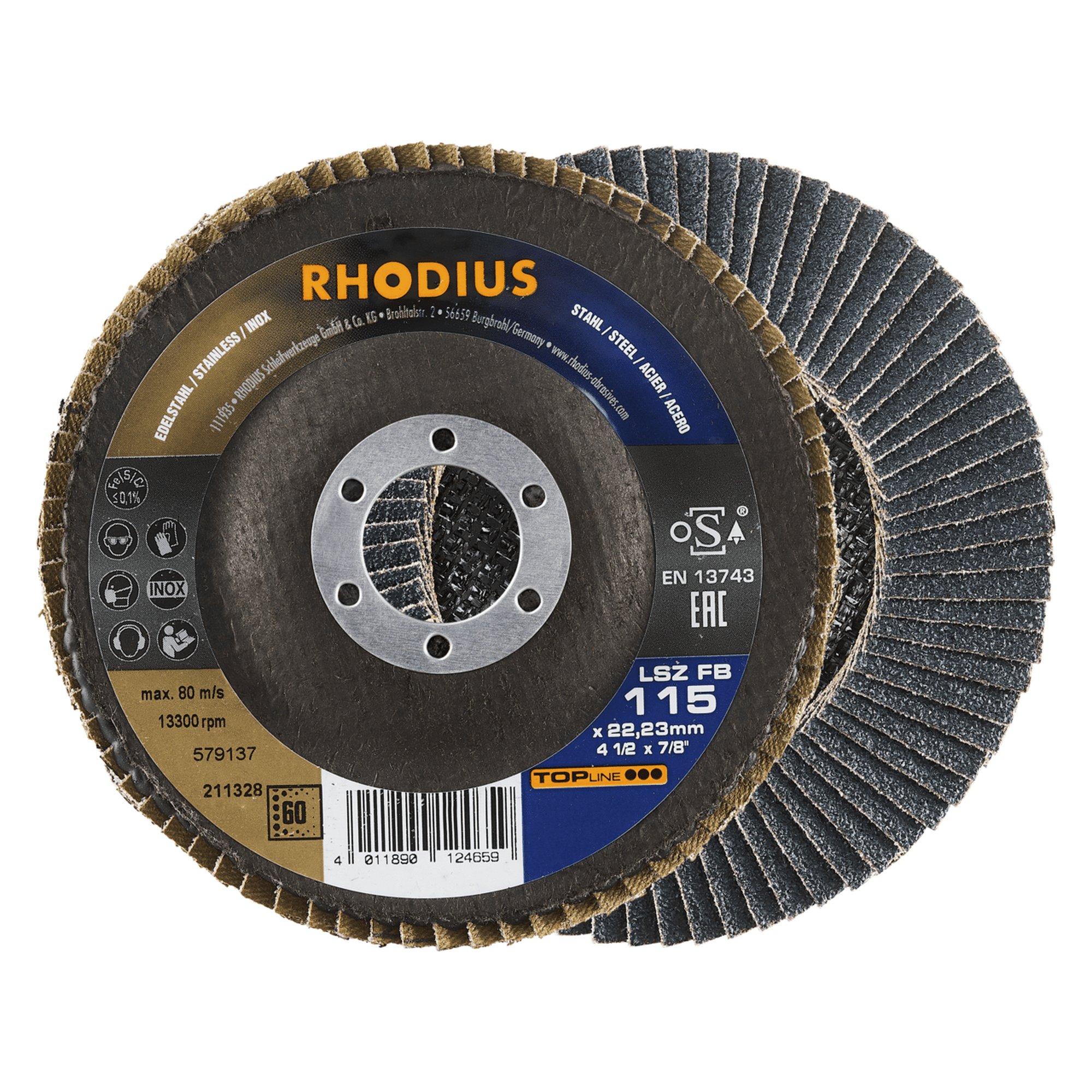 10 x RHODIUS Fächerschleifscheibe Fächerscheibe LSZ FB Ø 115 mm Korn 60