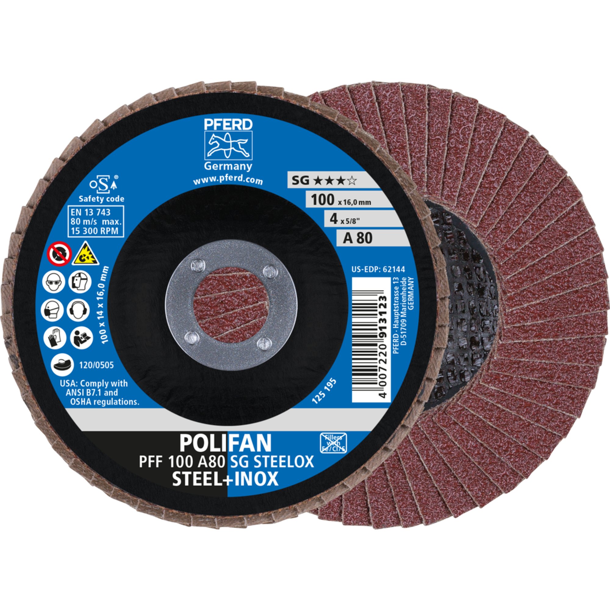 10 x PFERD POLIFAN-Fächerscheibe PFF 100 A 80 SG STEELOX/16,0