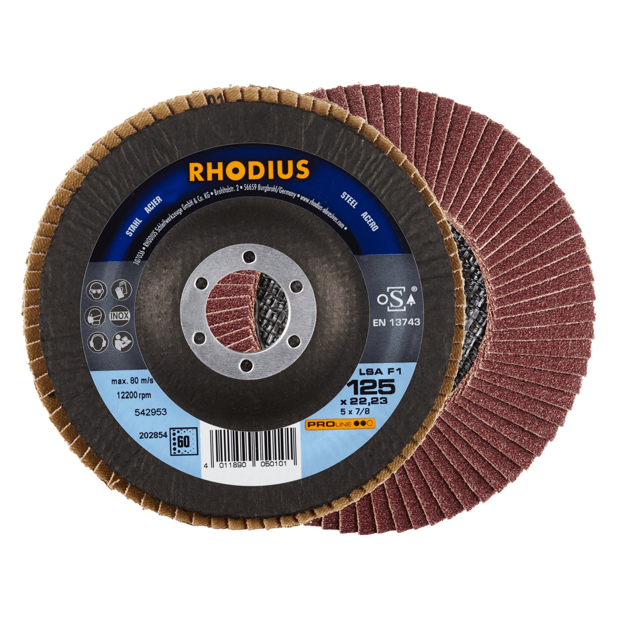 10 x RHODIUS Fächerschleifscheibe Fächerscheibe LSA F1 Ø 125 mm Korn 60