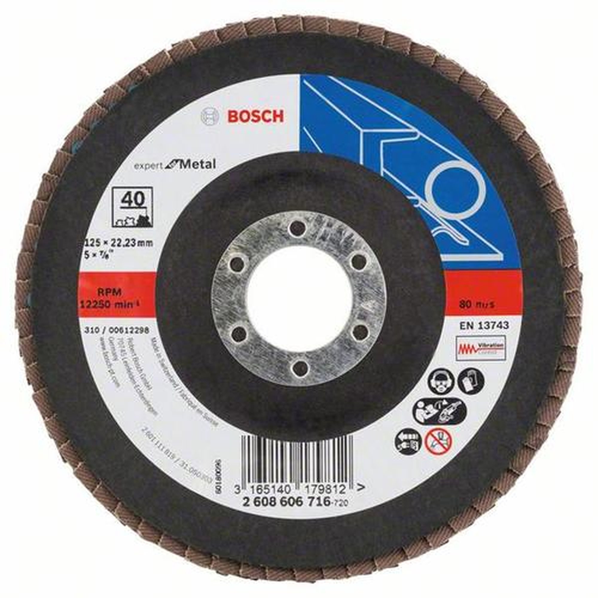 10x BOSCH Fächerschleifscheibe X551 Expert für Metall, gewinkelt, Ø 125 mm, 40, Glasgewebe
