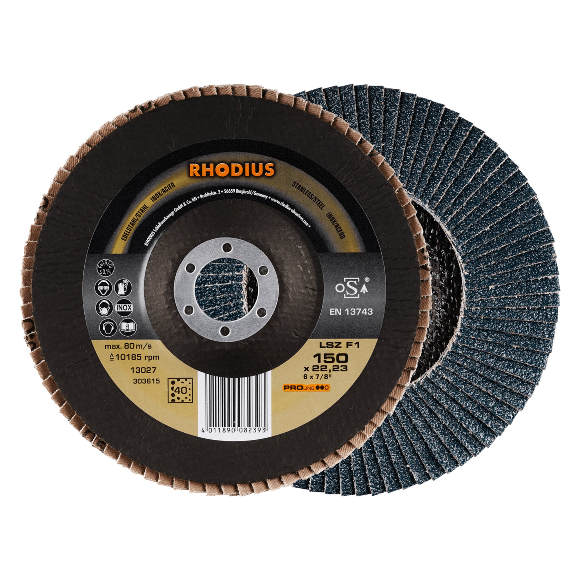 10 x RHODIUS Fächerschleifscheibe Fächerscheibe LSZ F1 Ø 150 mm Korn 40