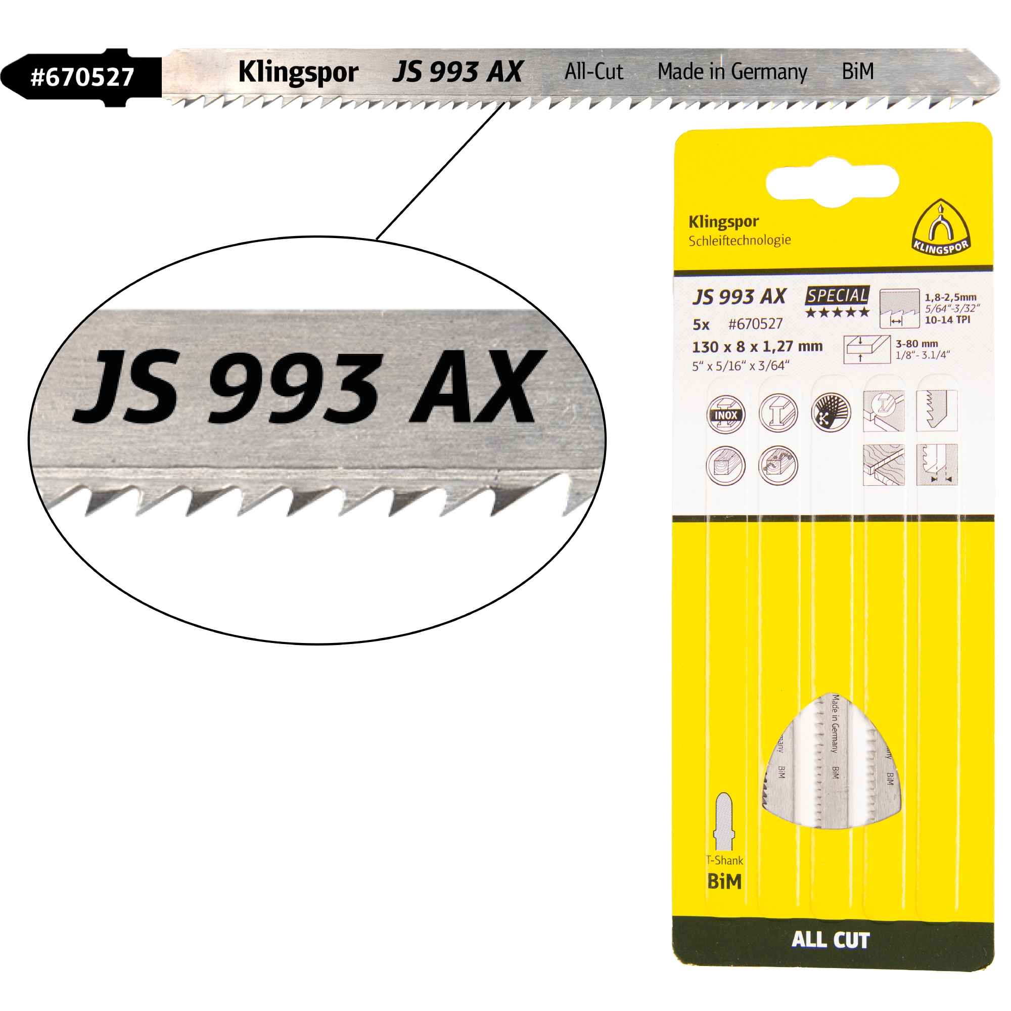 5 x Klingspor JS 993 AX Stichsägeblätter 132 x 8 x 1,27 mm Nutzlänge 110Bi-Metall gefräst, geschränkt, 10-14 Zähne pro Zoll