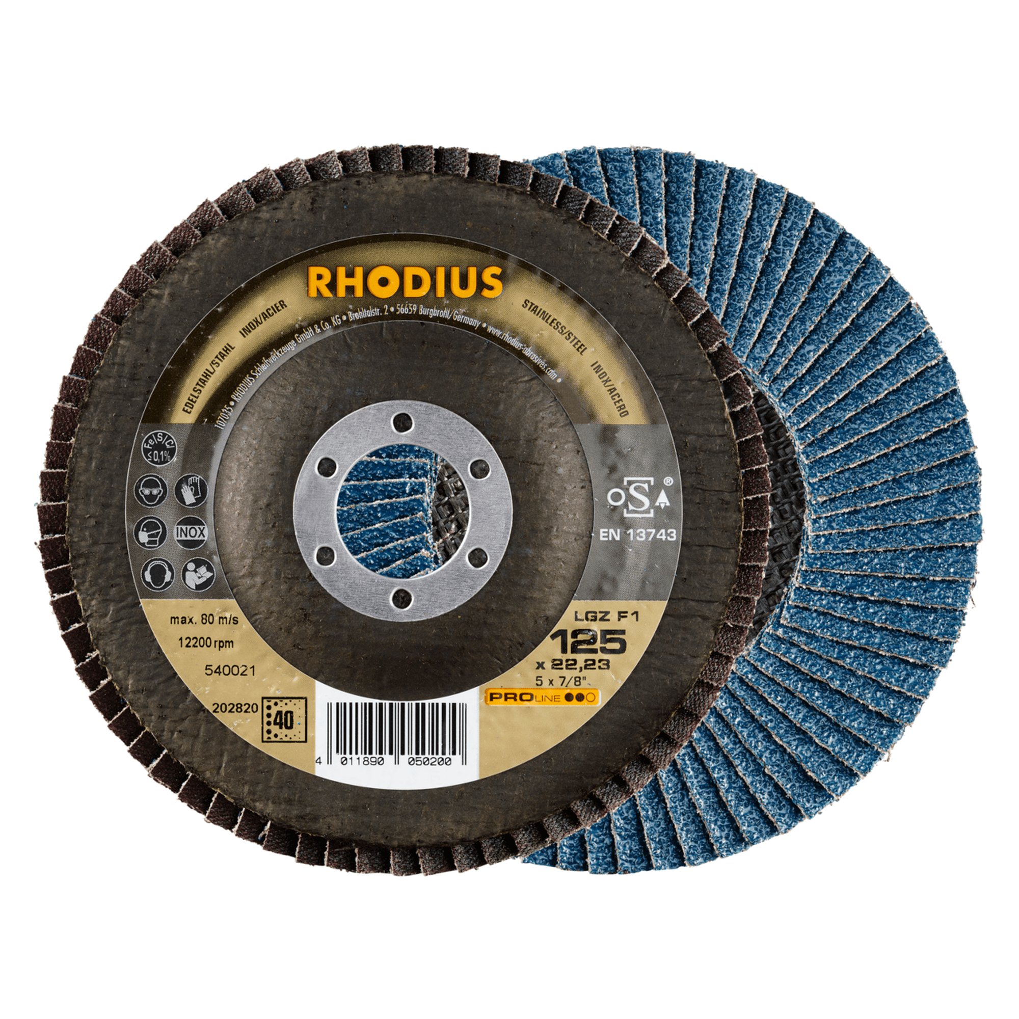 10 x RHODIUS Fächerschleifscheibe Fächerscheibe LGZ F1 Ø 125 mm Korn 40