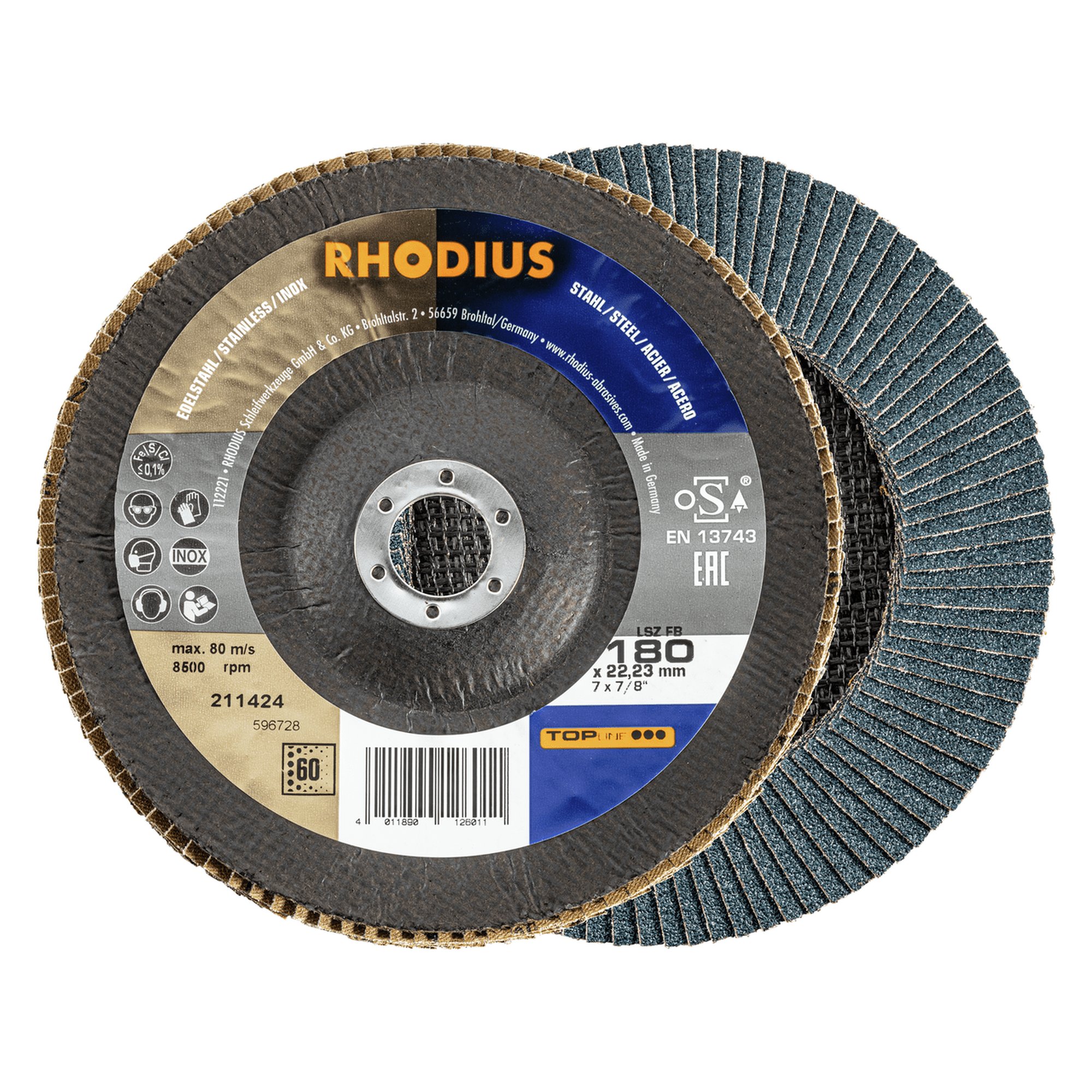 10 x RHODIUS Fächerschleifscheibe Fächerscheibe LSZ FB Ø 180 mm Korn 60